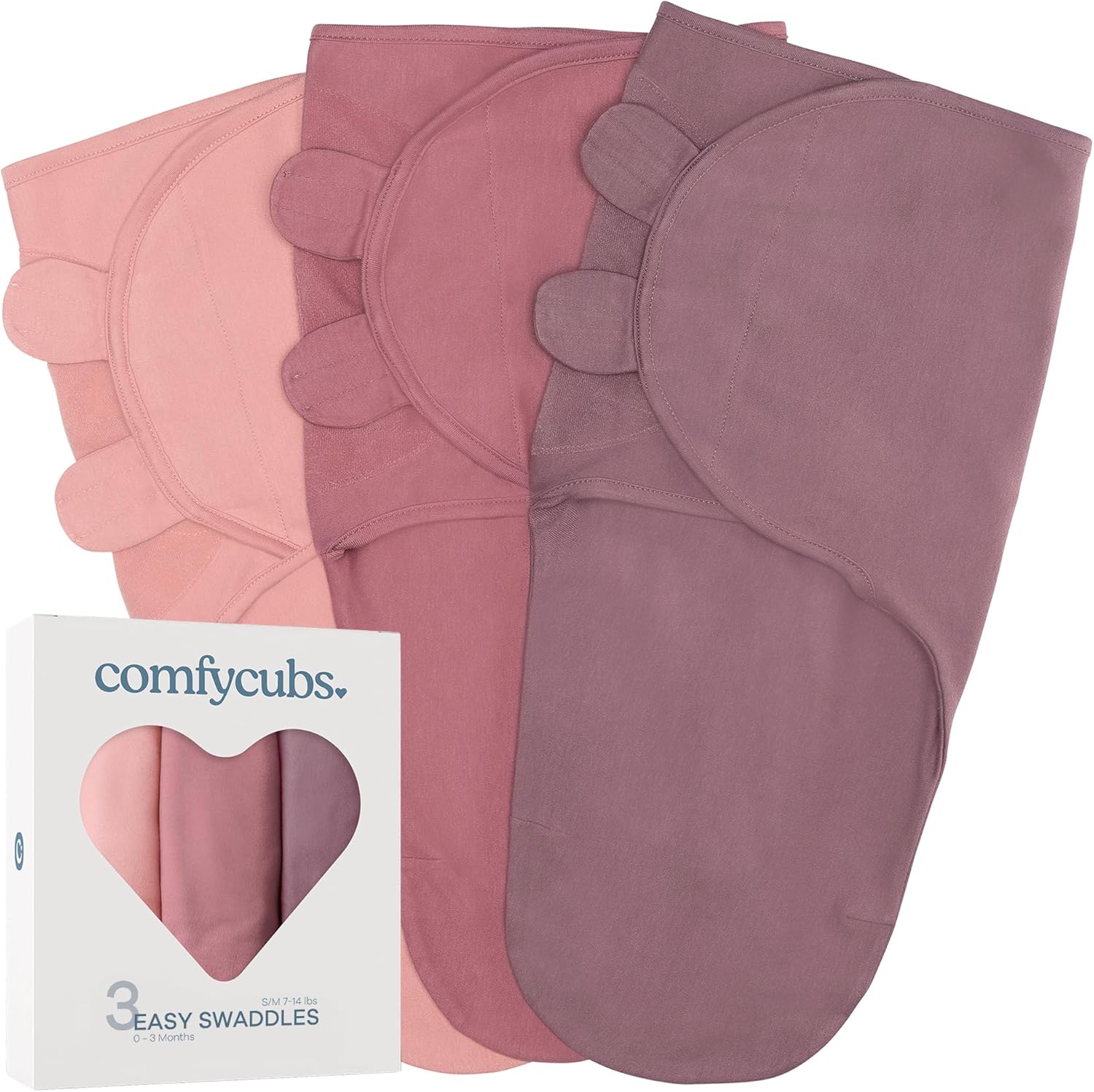 Comfy Cubs Easy Swaddle Blanket, 3 Pack – 100% Cotton Newborn Wrap, Small for 0-3 Months Infants, Breathable and Durable Sleep Sack for Babies – Blush, Mauve & Mulberry