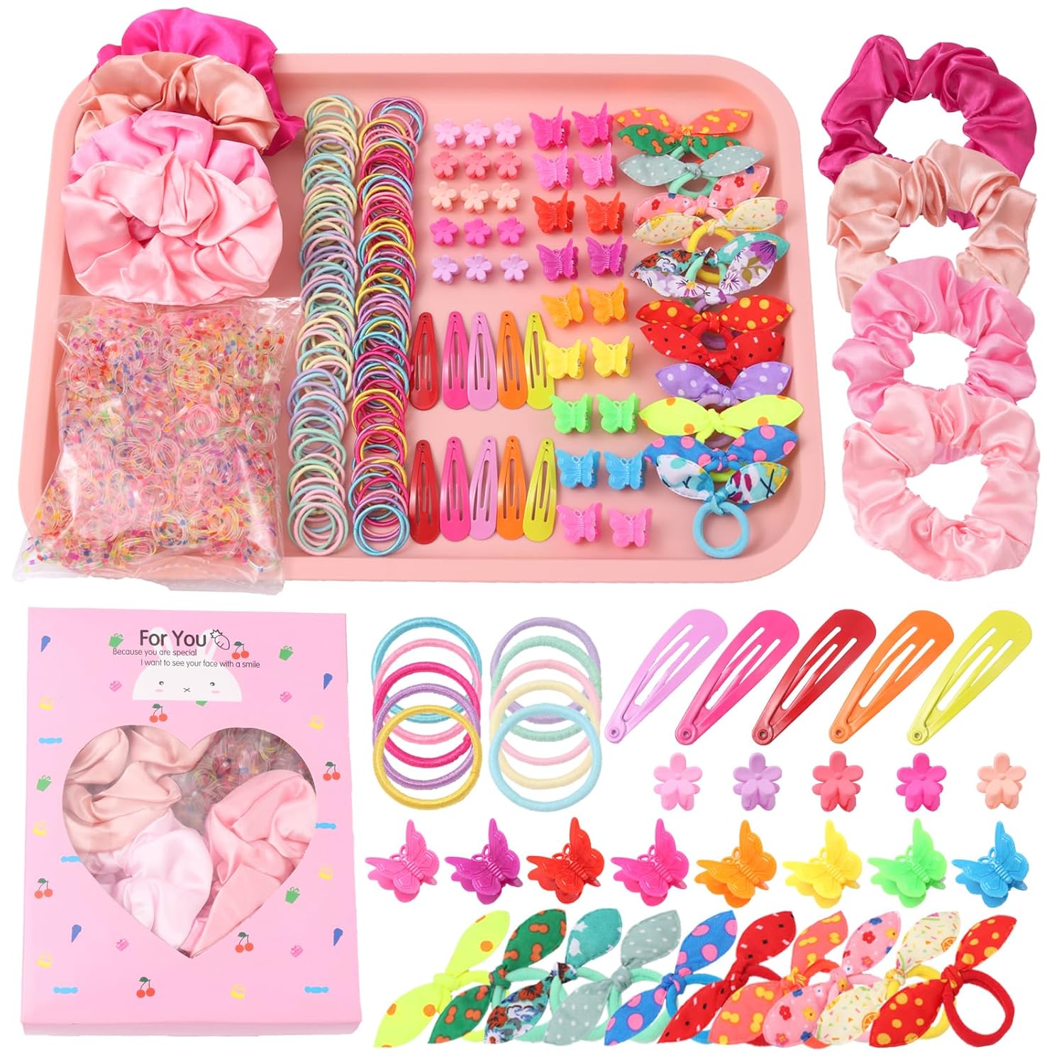 Rosvia Hair Accessories Set for Girls,Toddler Colorful Elastic Hair Ties with Gift Box 505PCS, Cute Rabbit Ear Hair Ties, Mini Flower Claw Clips and Butterfly Hair Clips,Satin Silk Scrunchies