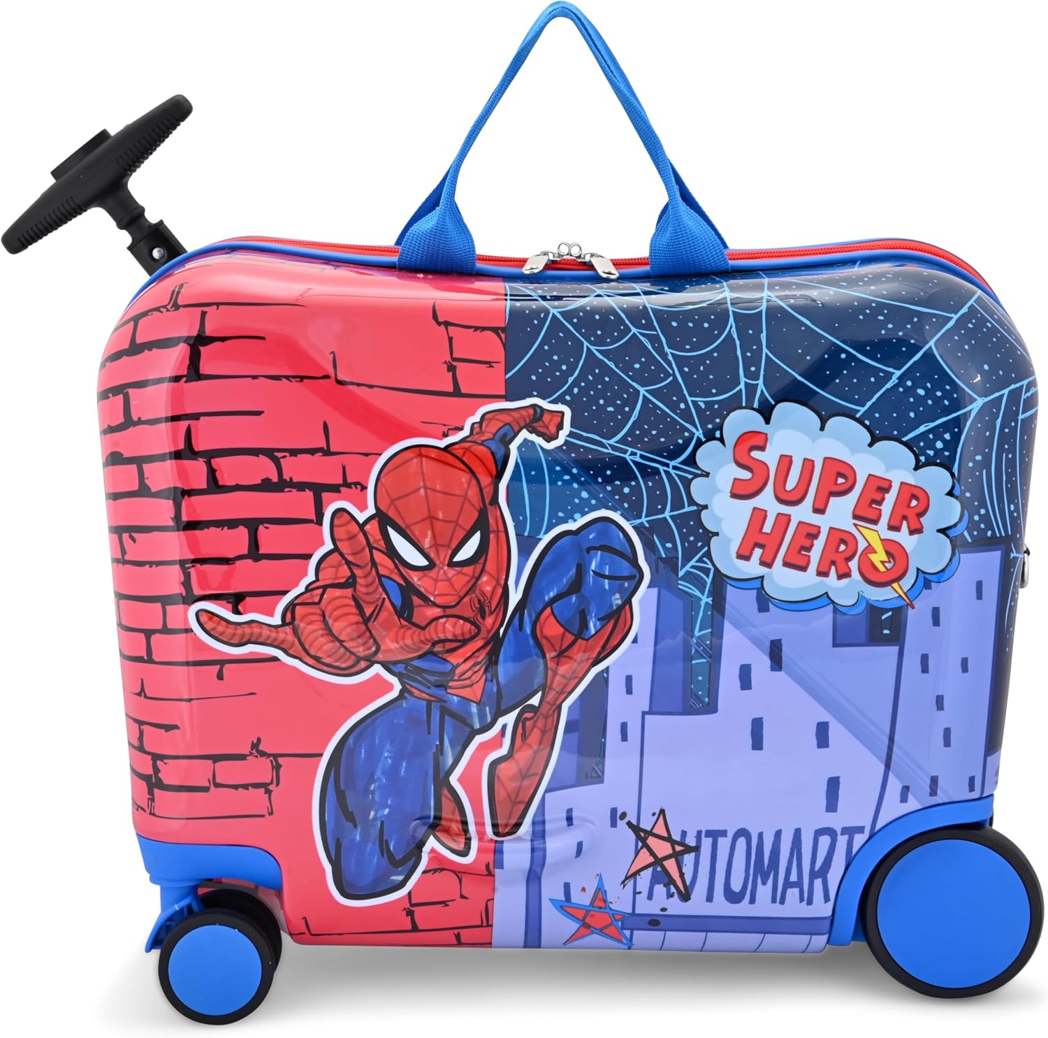Fast Forward Marvel Spiderman Ride-On Kids Suitcase – 18″ Tow-Along Toddler Luggage – Carry-On Cute Bag with Wheels 18″x10″x14.5″