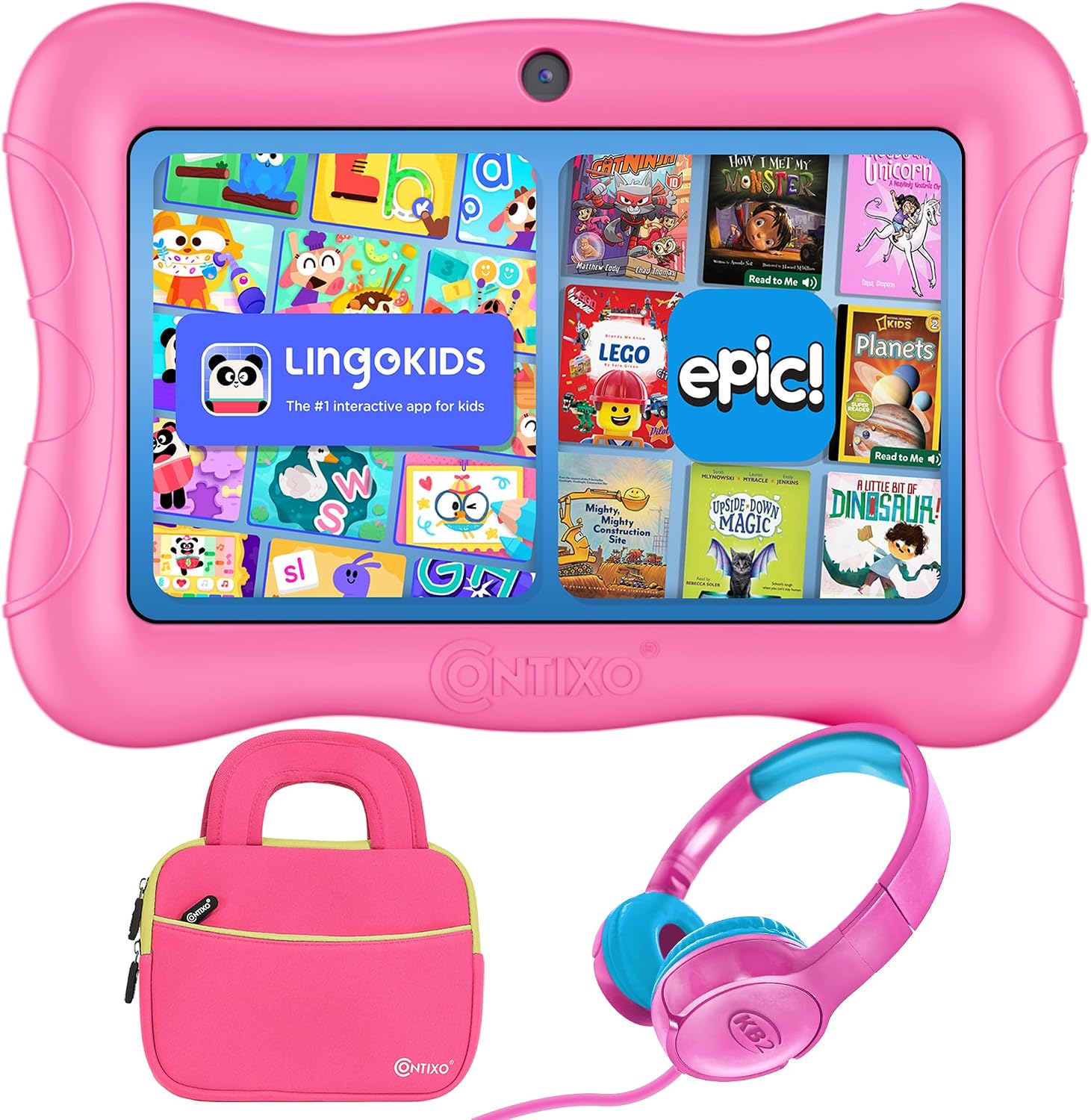 Contixo 7″ Kids Learning Tablet Bundle – Headphones, Sleeve Bag, Pre-Installed Games and Educational Apps, Parental Controls, Ideal for Education – Pink