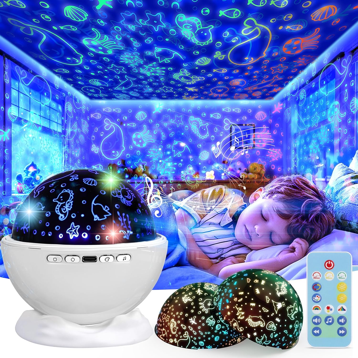Night Light Projector for Kids Room with Remote and Timer, 360 Rotation, 3 Projection Films, 18 Light Modes, 8 Lullaby Songs, Kids Room Light Projector Lamp Rechargeable, Birthday Gifts for Boys Girls