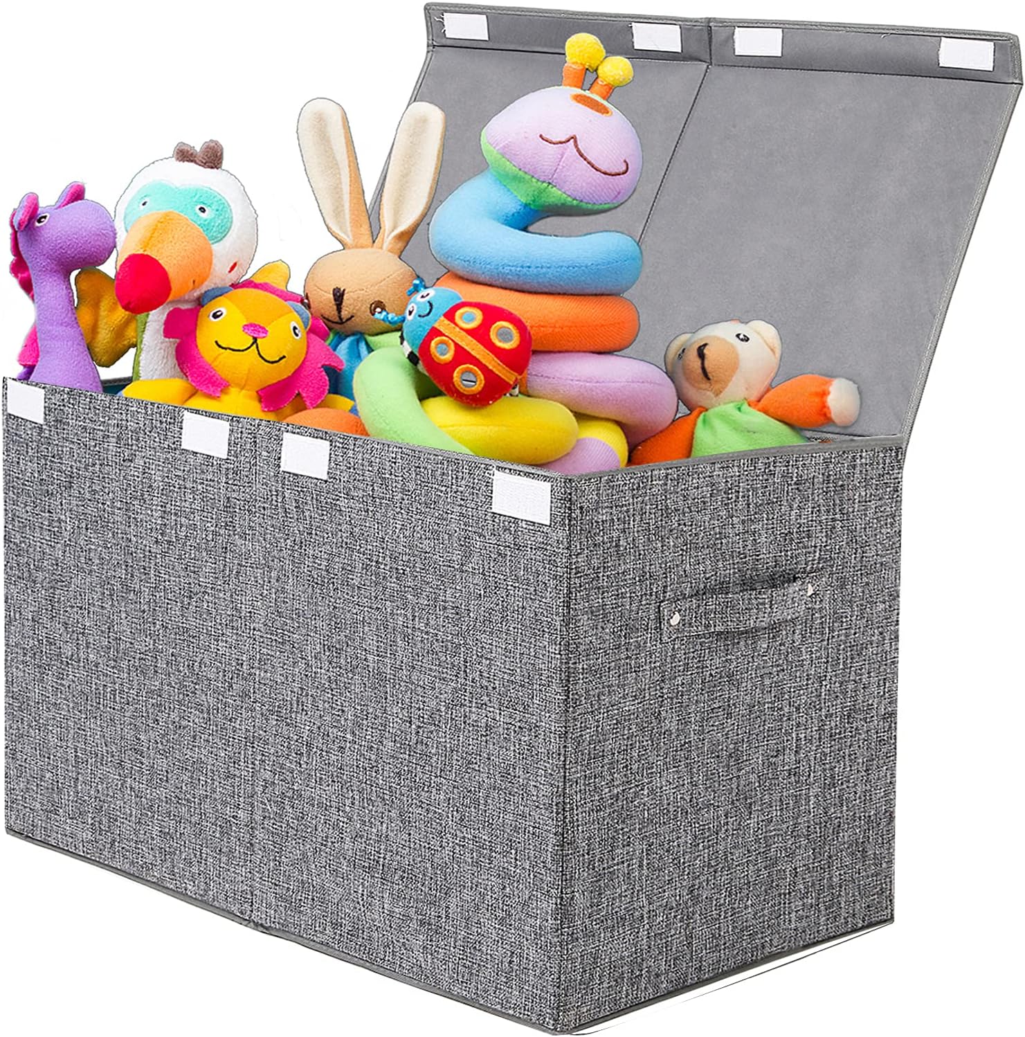 popoly Large Toy Box Storage with Lid, Collapsible Sturdy Toy Chest Storage Bin Box with Rivets Handles for Kids, Boys, Girls, Nursery, Playroom, Living Room, Bedroom, 25″x 13″ x 16″ (Linen Gray)