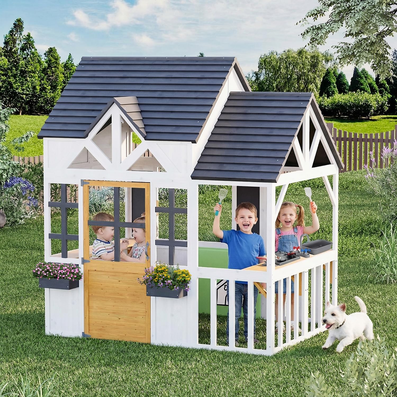 Outdoor Play House for Kids, Elevated Roof Wooden Kids Playhouse with Kitchen Toys, Blackboard,Magnetic Door, Flowerpot Holders, Pet Hole, Clock,Black and White