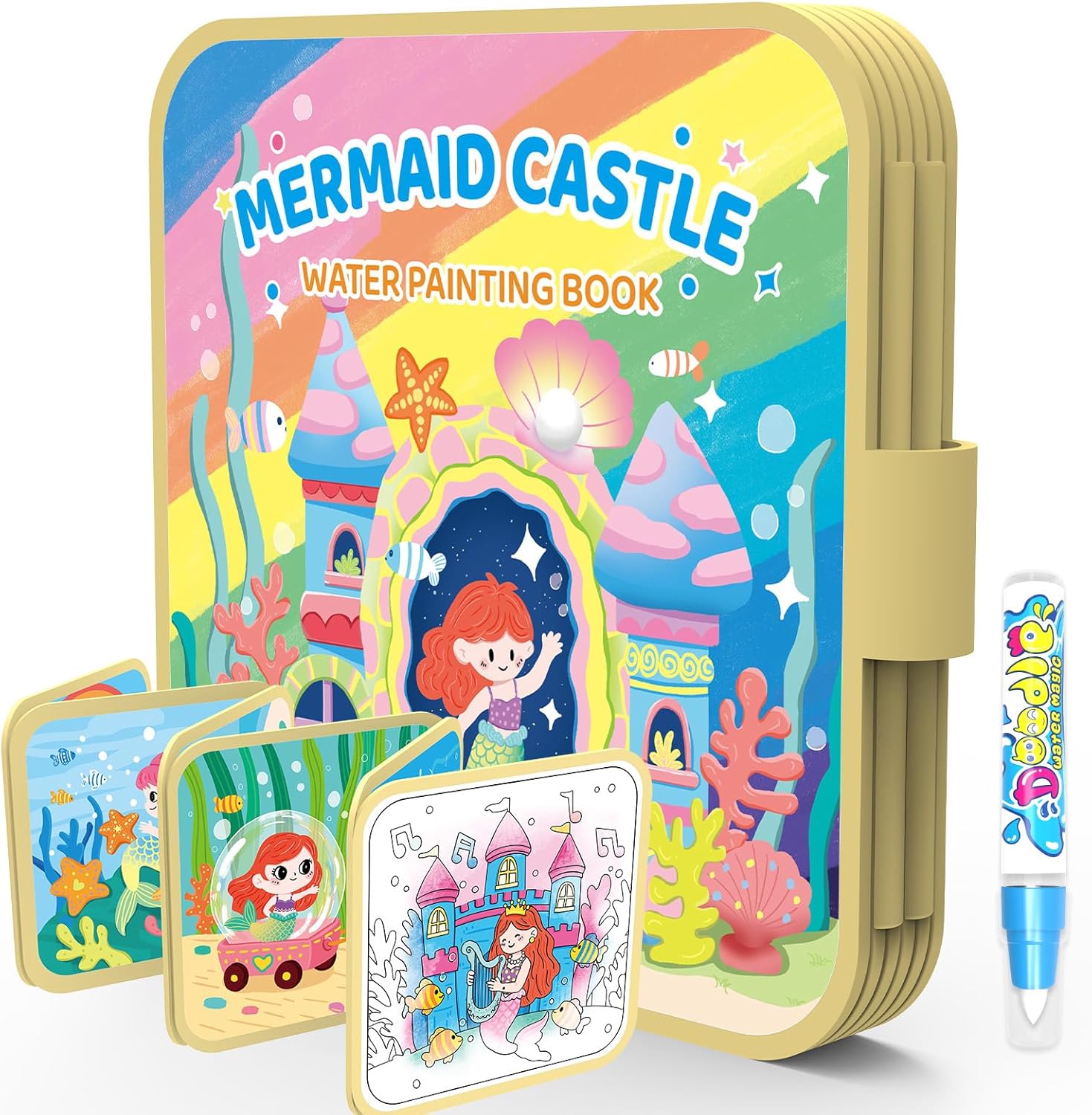 Reusable 10 Pages Water Painting Books for Toddlers 1-3, No Mess Coloring Book Montessori Water Coloring Books for Kids Ages 1-3 Educational Art Activity Book, Travel Gift for Boys & Girls-Mermaid