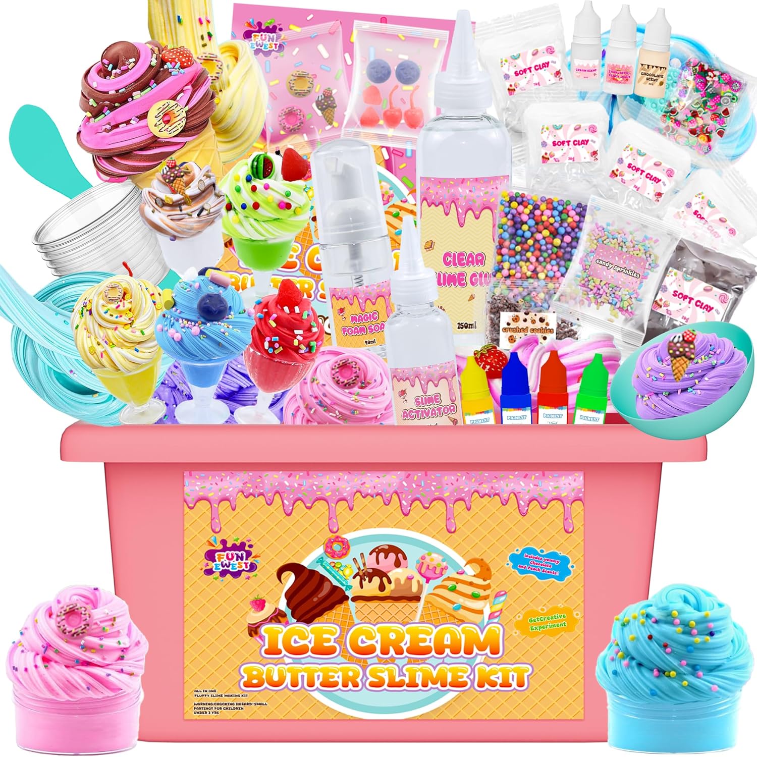 Funewest DIY Ice Cream Slime Kit for Girls Age 8-12 with Pink Storage Case | Mini Slime Making Kits Creative Crafts with 30+ Piece Non-Sticky Sensory Toys Birthday Gifts for Boys Kids Beginners
