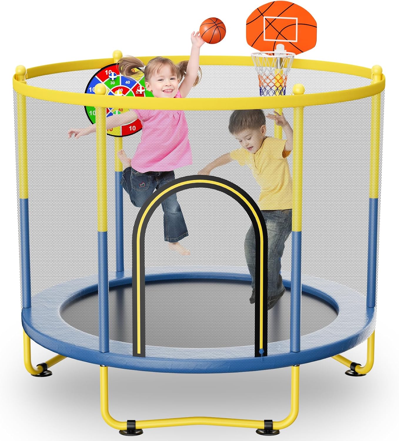 6FT Indoor Trampoline for Kids Ages 1-8, 72″ Mini Toddler Indoor & Outdoor Trampoline with Safety Enclosure Net, Basketball Hoop & Dart Board, Birthday Gifts for Boys & Girls, Baby Toddler