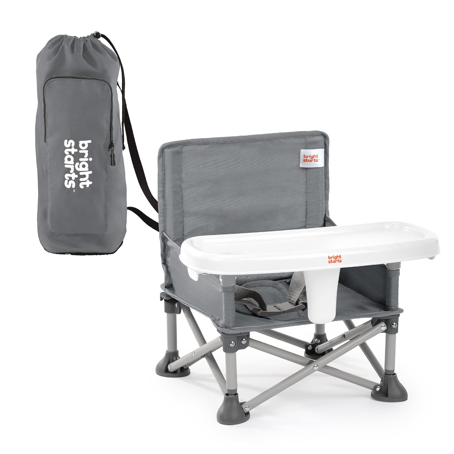 Bright Starts Pop ‘N Sit Portable Booster Seat, 3-in-1 Floor Seat, Travel High Chair & Toddler Booster with Feeding Tray, Indoor/Outdoor, Grey, 6 Months–3 Years