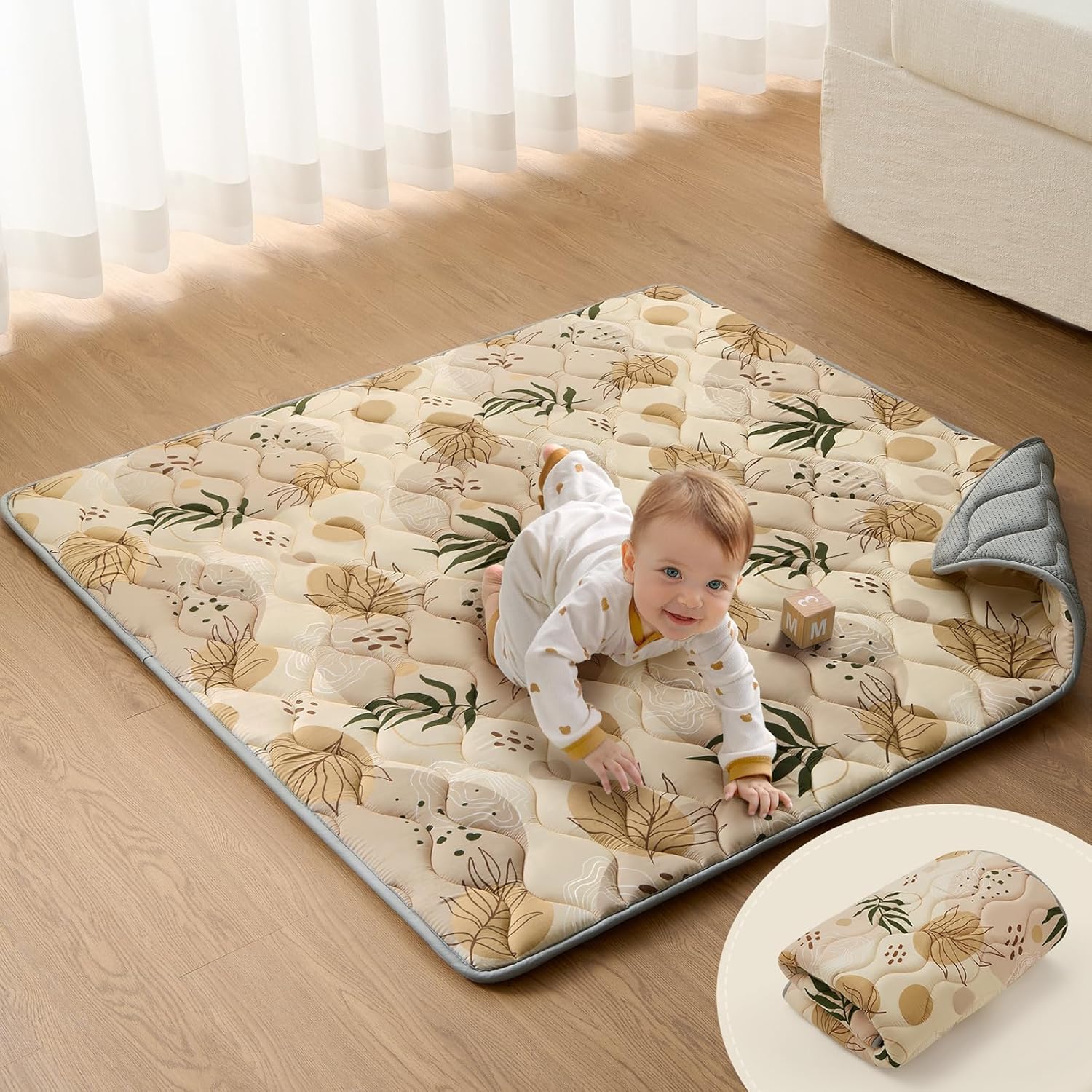Blissful Diary Portable Baby Play Mats for Floor, Thick Cushioned Foldable Baby Crawling Mat for Indoor Outdoor, Non-Slip & Washable Kids Playmat for Tummy Time Activity, Earth Tones 43″ X 43″