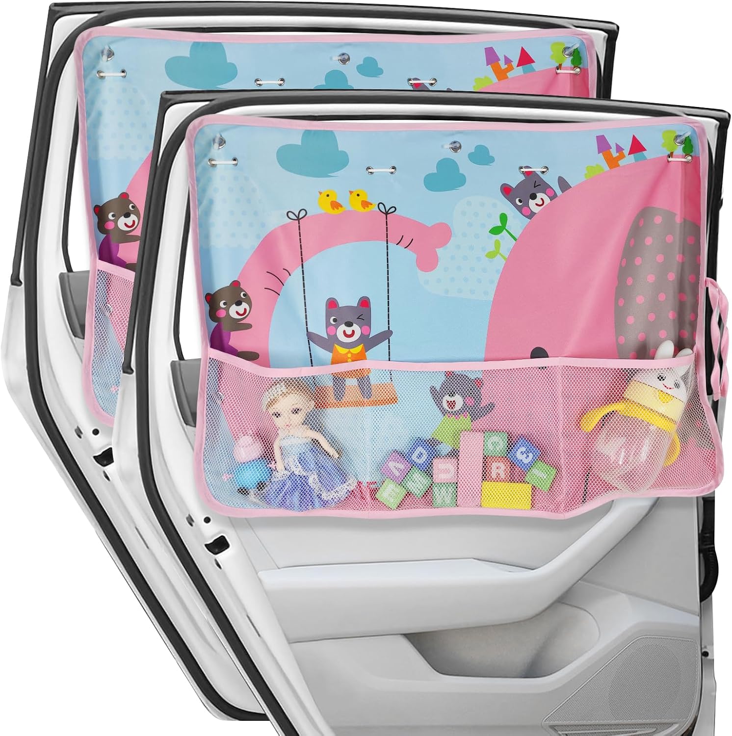 DIZA100 Car Sun Shade for Window Baby, 2 Pack Full Shade Window Shades with Storage Net Pocket, 7 Suction Cups, Cute Elephant for Sun/Heat/UV Rays Protection, Kids