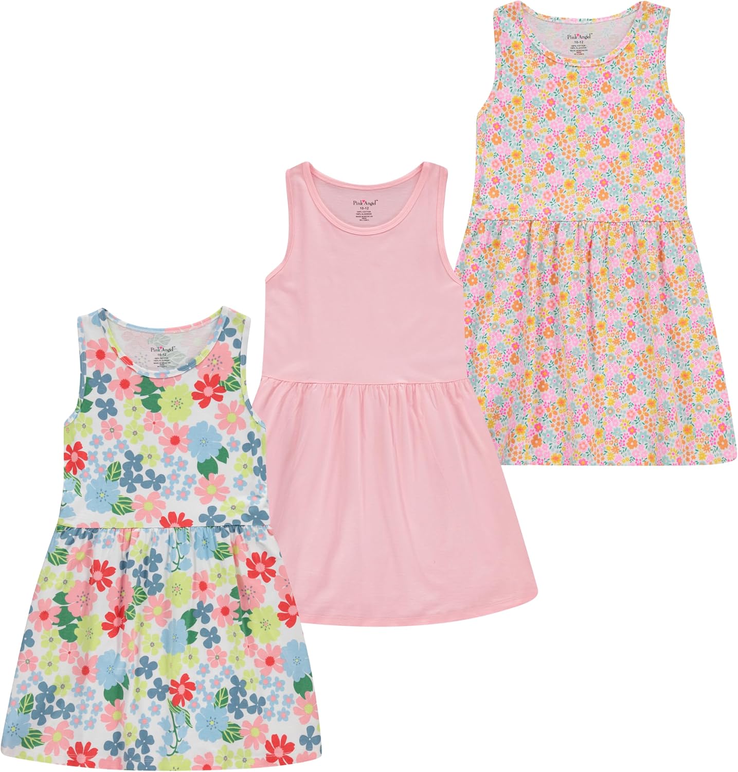 Pink Angel 3-Pack Girls’ Dresses, Kids Casual Fit and Flare Sleeveless Summer Dress & School Outfit, 100% Cotton