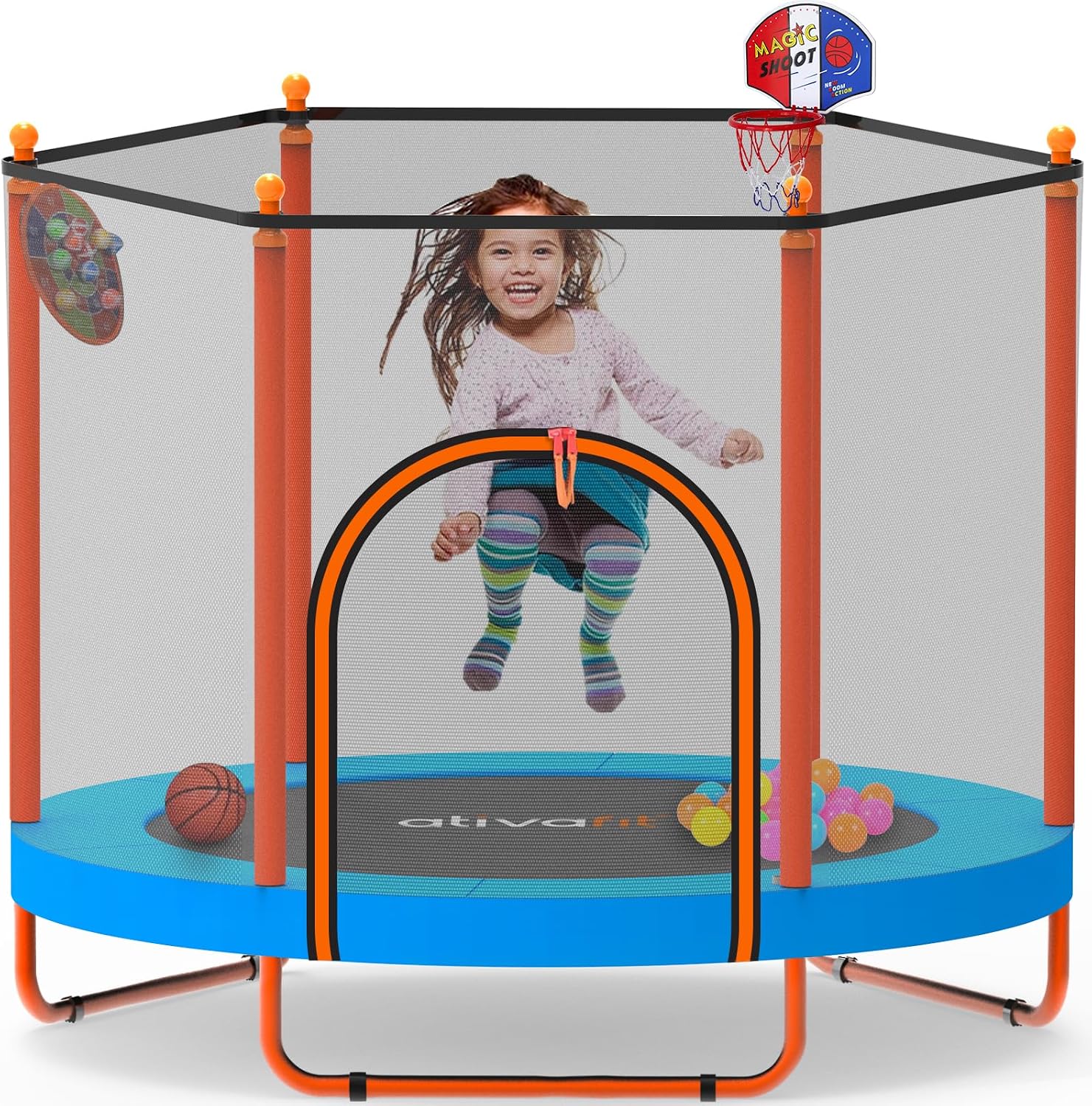 Ativafit 60” Rebounder Trampoline Indoor Outdoor for Kids Ages 1-8, 5 FT Recreational Toddler Trampoline with Safety Enclosure Net Gifts with Basketball Hoop Dartboard Ocean Bal