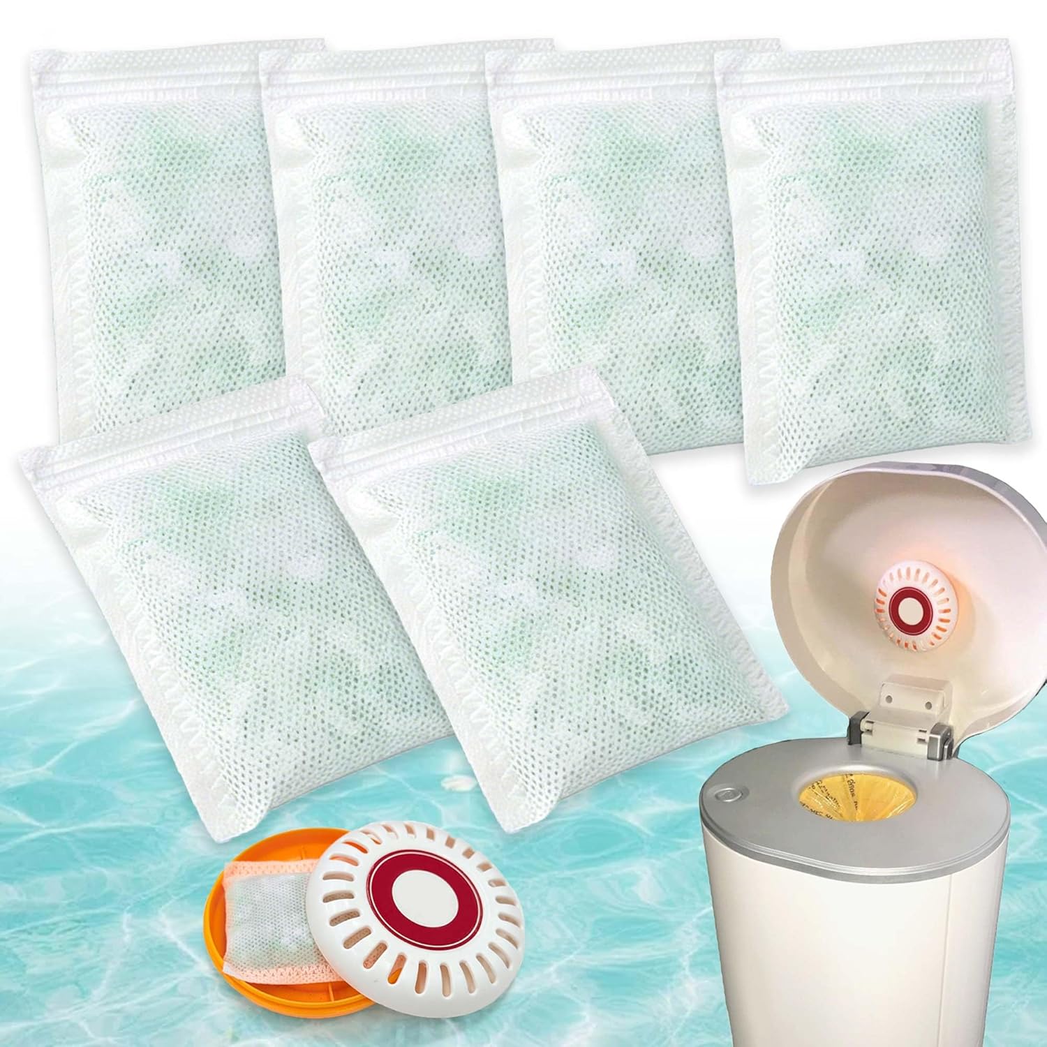 Diaper Pail Deodorizer for Munchkin Step and Pail Diaper Pails | Odor Removing Baking Refills Compatible with Arm & Hammer Puck Cartridge, Ocean Aroma, 6 PCS