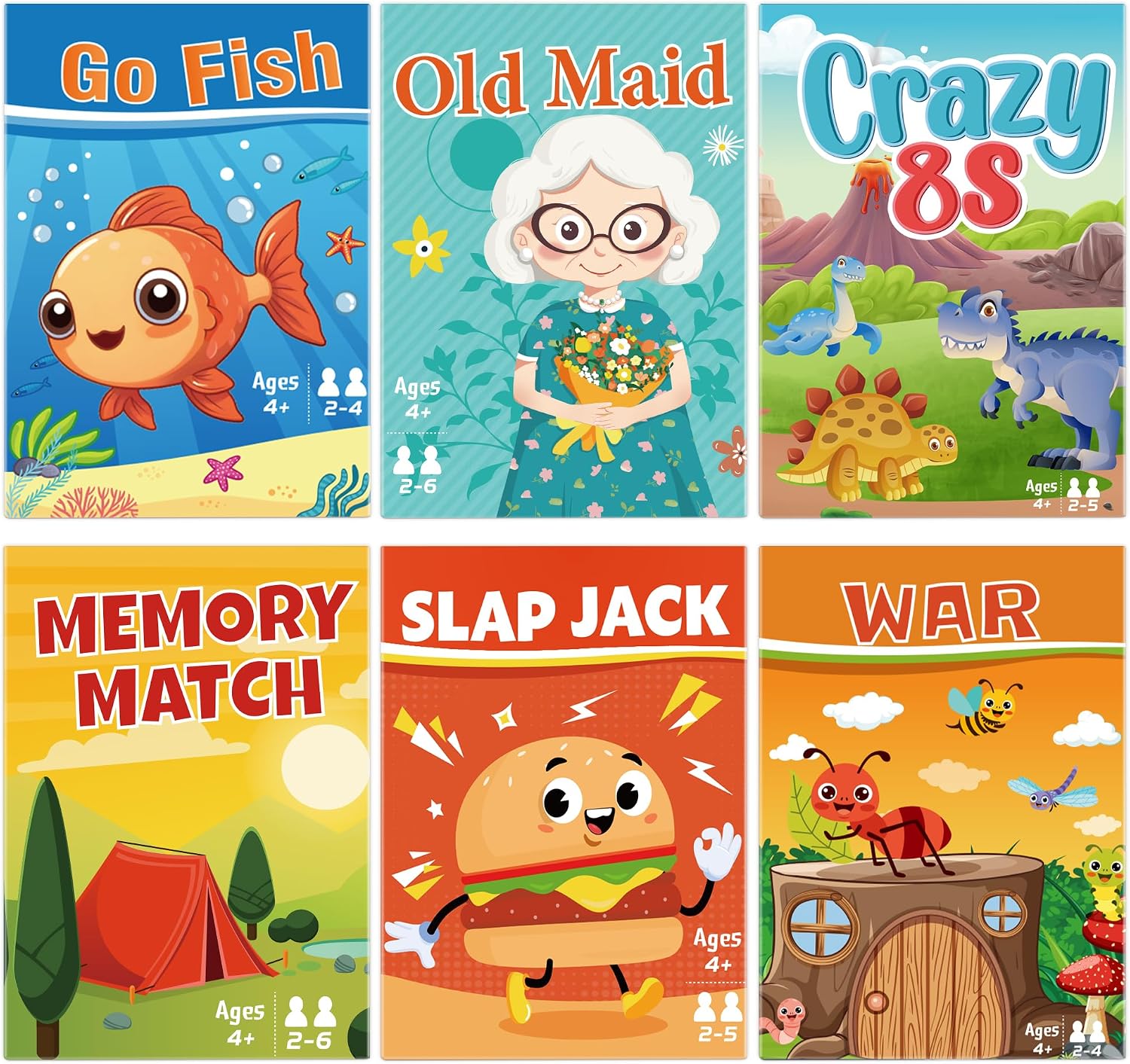 Card Games for Kids, Go Fish,Old Maid,Memory Match,Slap Jack,Crazy 8s,War-6 Pack Classic Fun & Educational Games for Family Game Night,Great Gift for Birthday Christmas Holiday Easter Basket Stuffers