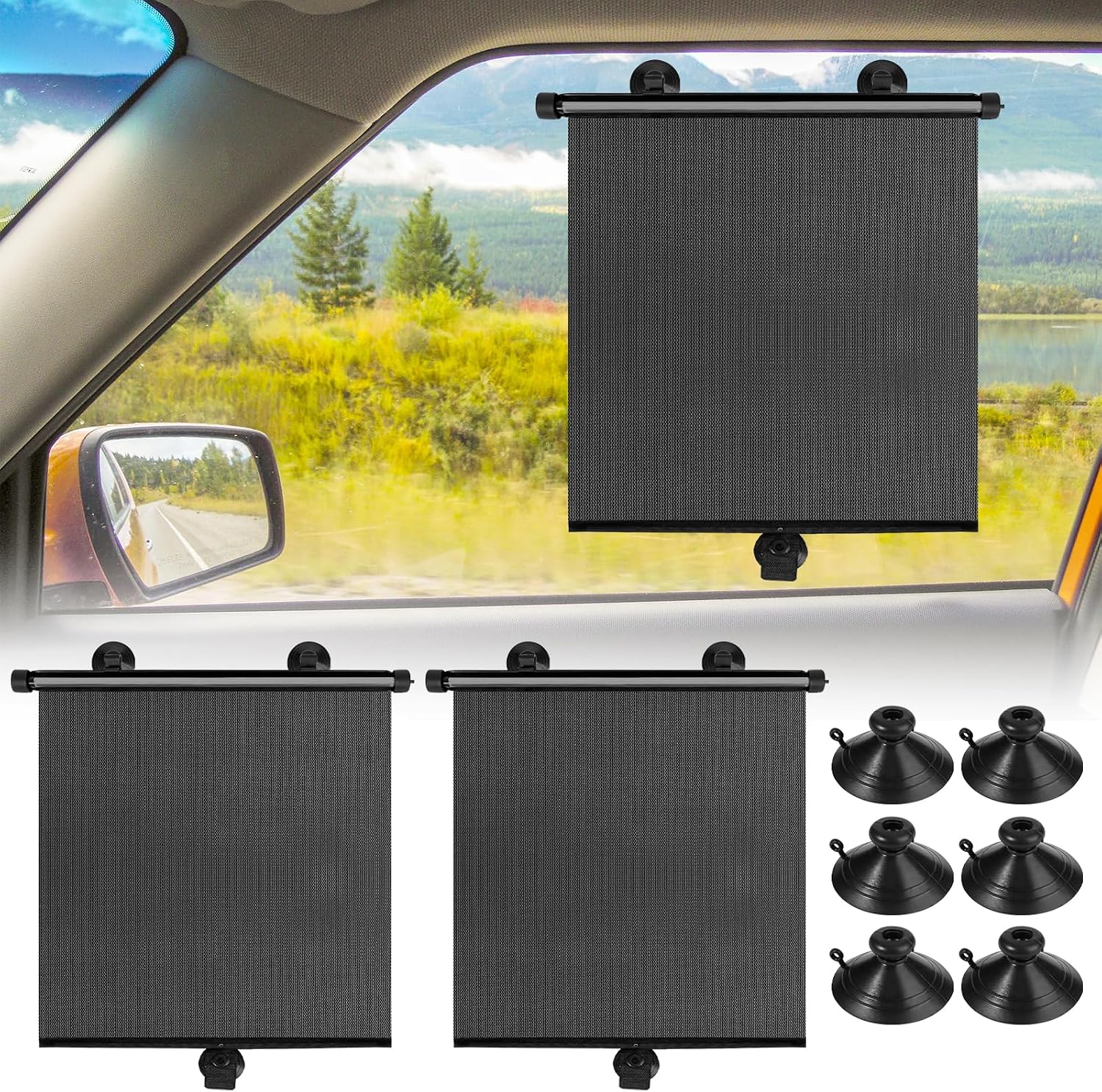 Car Window Shades for Baby, 2 Pack Retractable Side Window Sun Shade with Suction Cups, Blocks UV Rays & Heat Glare Protection, Roller Sunshade for Kids, Pets, and Car Passengers (15×17 Inch)