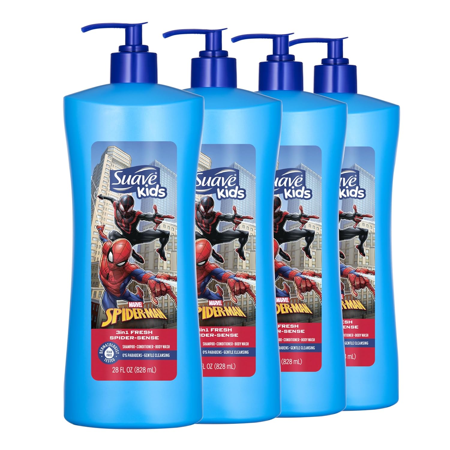 Suave Kids Marvel Spiderman 3 in 1 Shampoo, Conditioner, Body Wash, Fresh Spider Sense, Tear-Free & Gentle, Dermatologist Tested, 4 Count, 28 FL OZ Pump