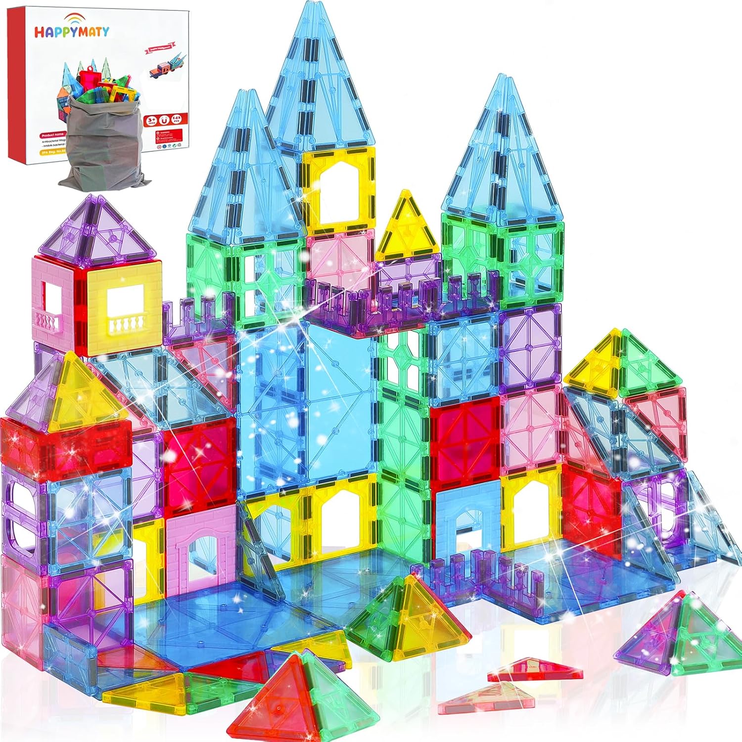 Next-Gen Antibacterial Magnetic Tiles 124PCS for Kids Aged 3+ | 4 XL Squares, Bacteria resistant, Silver ion technology, Safer play, EPA-registered, Compatible with other brands, STEM toy