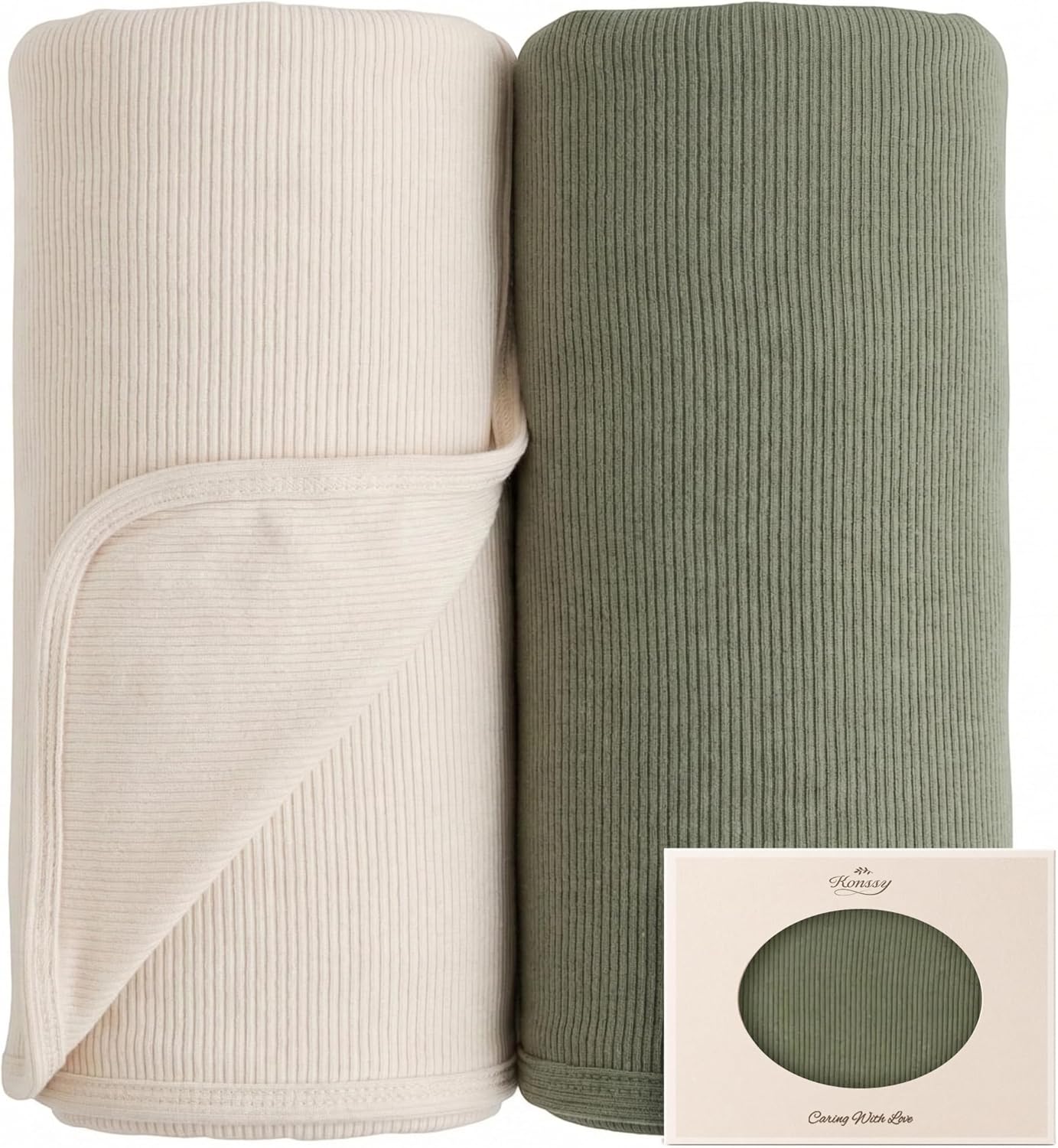 Konssy Ribbed Knit Baby Blankets 2 Pack, Stretchy Lightweight Swaddle Blanket for Boys & Girls, Soft Cozy Receiving Wrap for Newborns, Infants, & Toddlers, 33×42 Inch