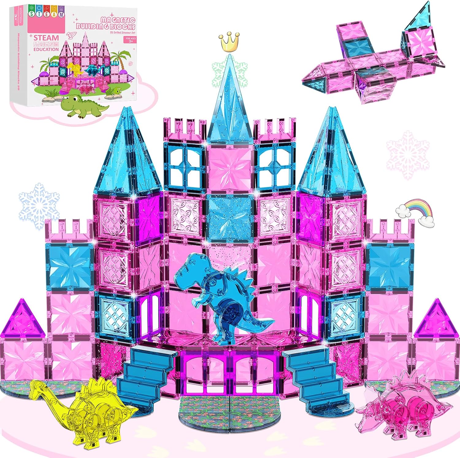 Dinosaur Toys Magnetic Tiles for Girls, Magnetic Building Blocks Sensory Dino Toy for Girl Ages 3-5 4-8 Year Old, Girl Toys Dinosaur Decorations Birthday Gifts for 3+ Years Old Kids Boys