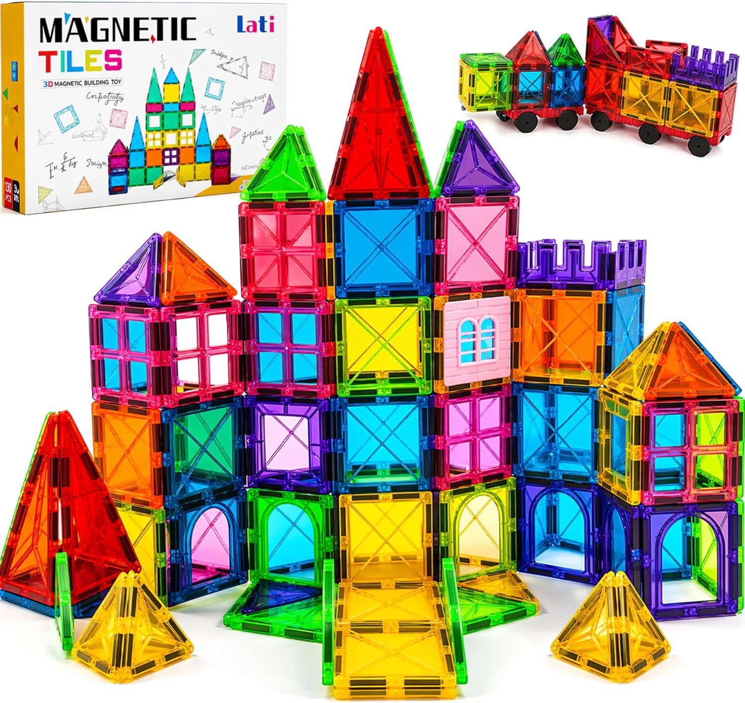 LATI 130-Piece Magnetic Tiles Building Toy Large Set for Kids,Magnetic Building Blocks Construction Set,Open-Ended Play STEM Educational Toy,Compatible with Other Brands,Gift for Boys & Girls Ages 3–8