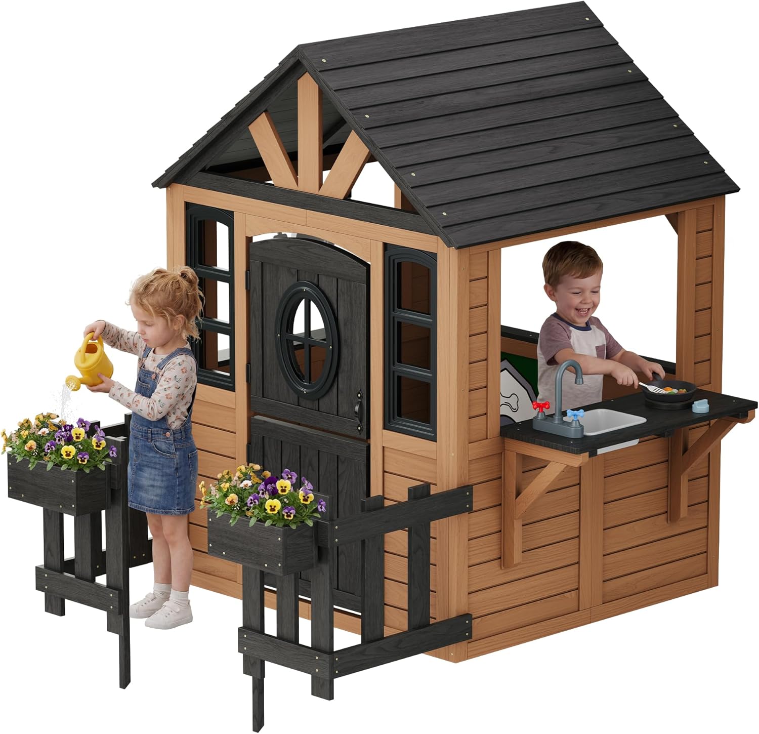Albott Outdoor Wooden Playhouse with Kitchen Playset, Backyard Cottage for Kids with Fence, Dutch Door and Wooden Flowerpot, Pretend Play House for Boys and Girls Ages 3-8