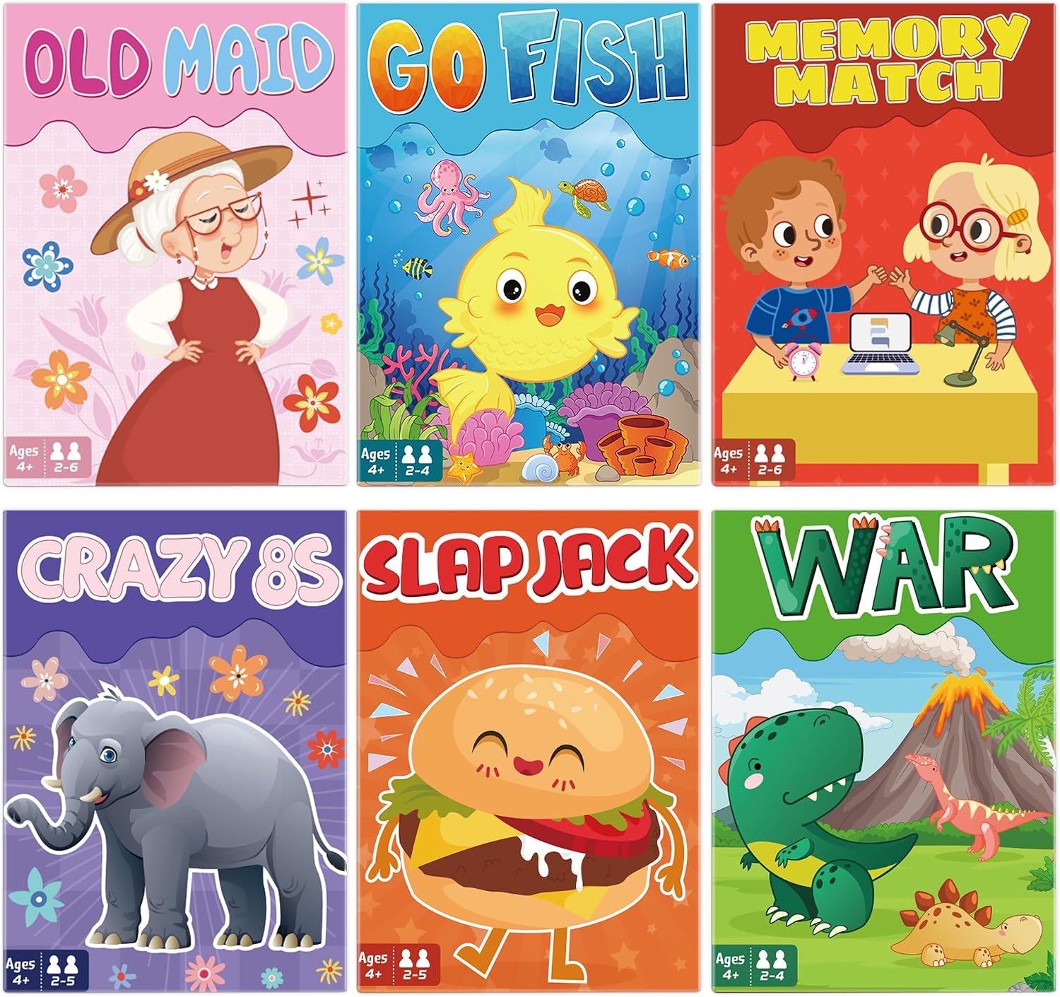 Kids Card Games, Go Fish,Old Maid,Crazy 8s,Memory Match,Slap Jack,War, Cards Game for Kids 4-8, Fun Game for Family Game Night Party Table Games, Easter Basket Stocking Stuffers Gifts, 6 Decks