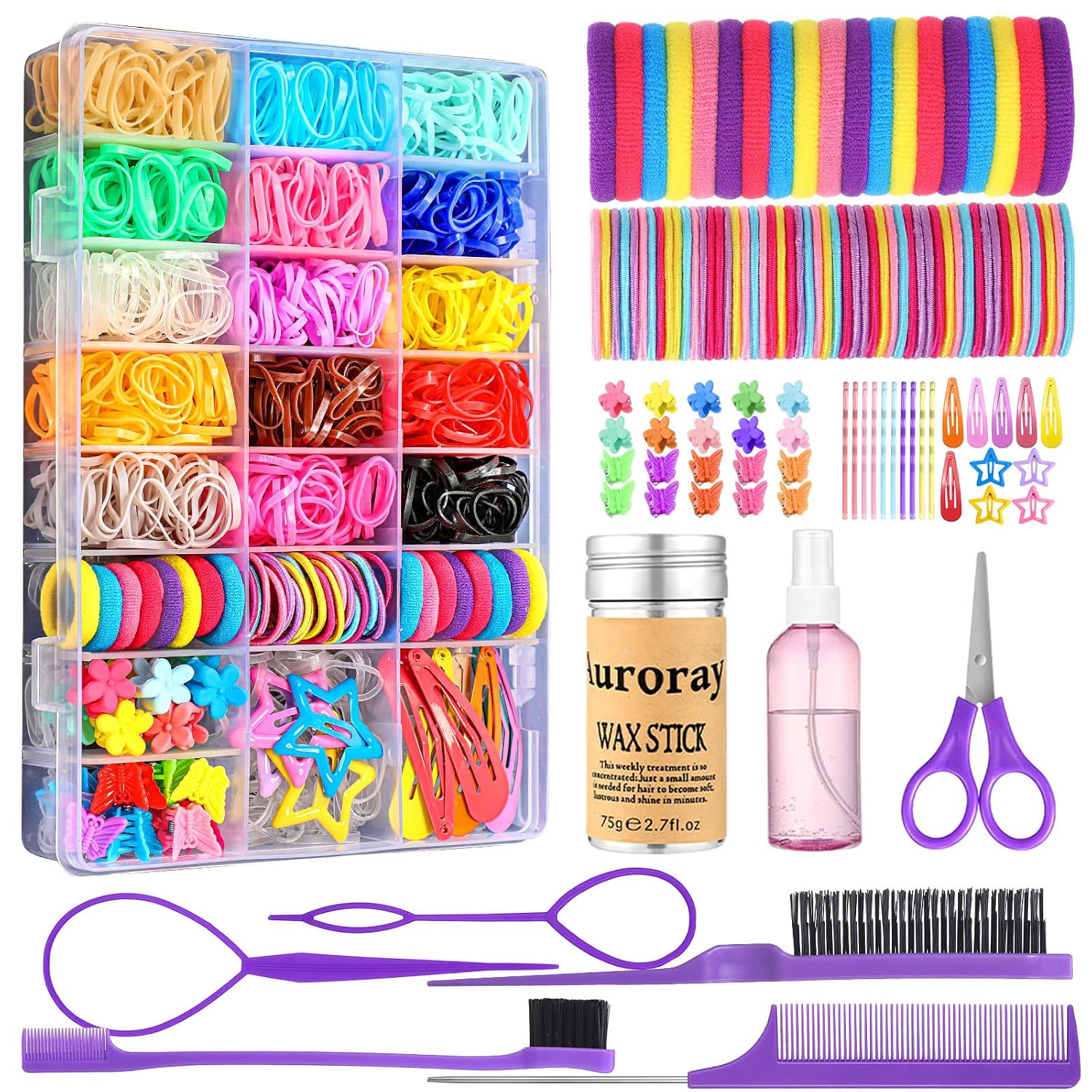 Hair Accessories for Girls, 1698 Pcs Hair Rubber Bands with Elastic Hair Ties Hair Clips Hair Wax Stick Spray Bottle Hair Styling Tools