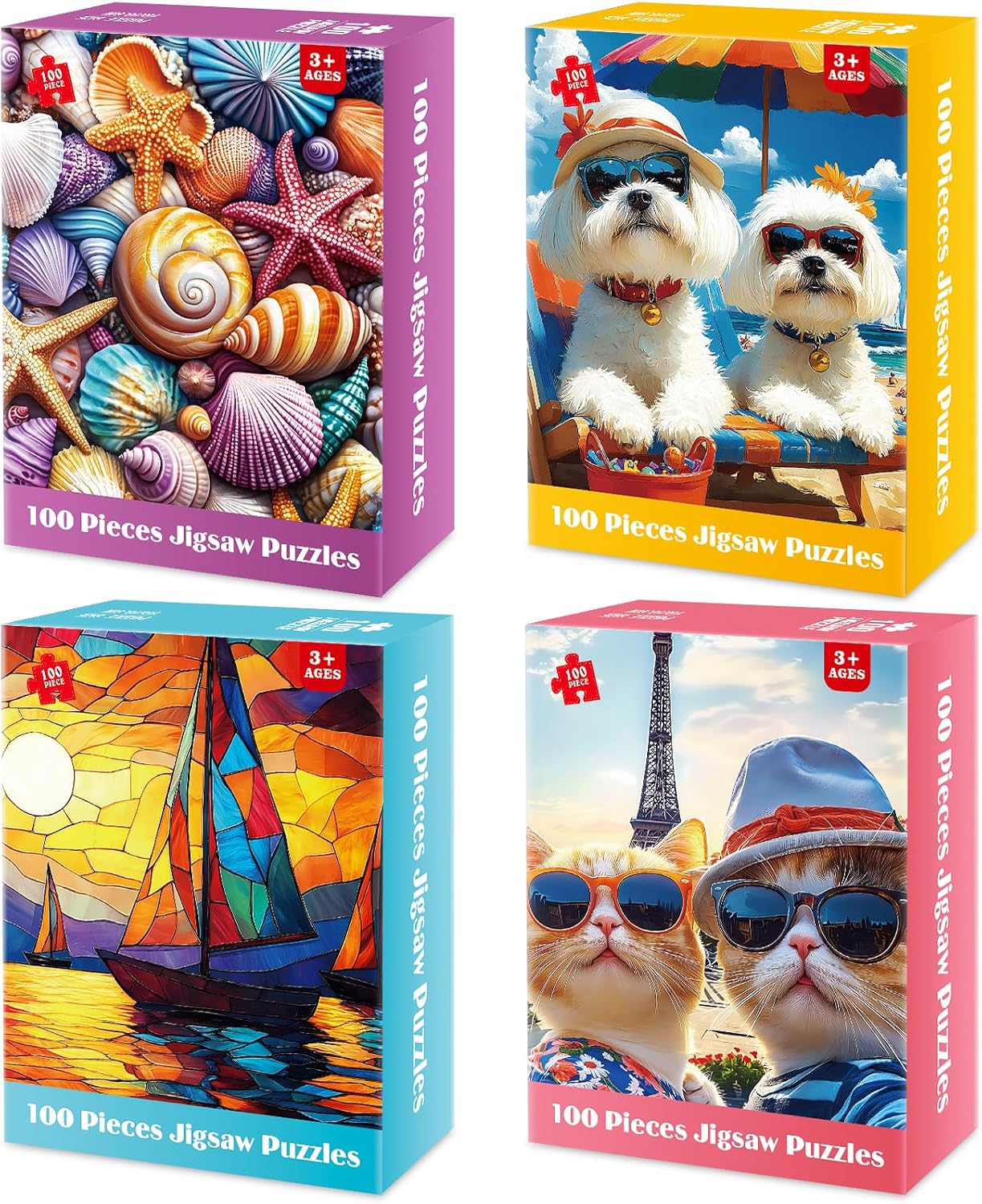 4 Packs 100 Piece Puzzle – Shells Sailboat Cats Dogs Jigsaw Puzzles, 100 Piece Puzzles for Adults Seniors Kids Puzzles for Kids Ages 4-6 6-8 8-10 Educational Puzzle Toys 15″x11″