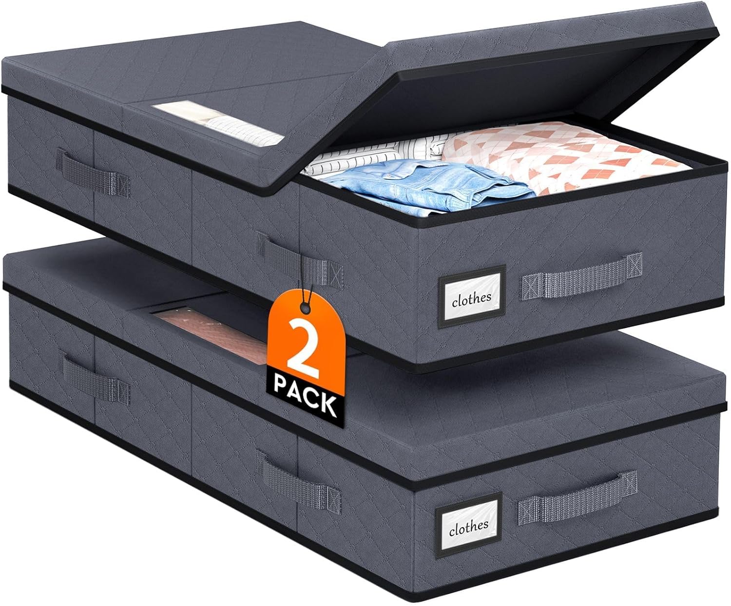 StoreHappily Under Bed Storage Containers with Lids – 2 Pack, Foldable and Stackable Clothes Storage Bags with Clear Window, 3-Sided Handles and Label Slot for Clothing, Blankets, Pillows (Grey)