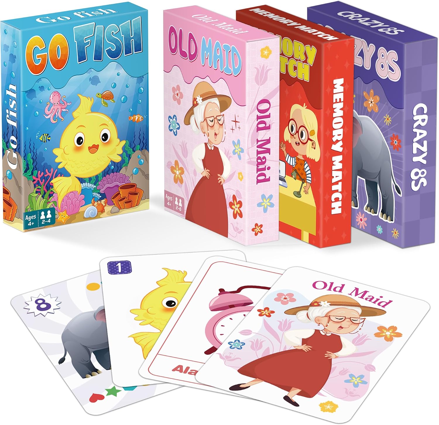 Kids Card Games, Go Fish, Old Maid, Memory Match and Crazy 8s, Go Fish Card Game for Kids 4-8, Fun Toddler Card Games for Family Game Night Party Games, Easter Basket Stocking Stuffers Birthday Gifts