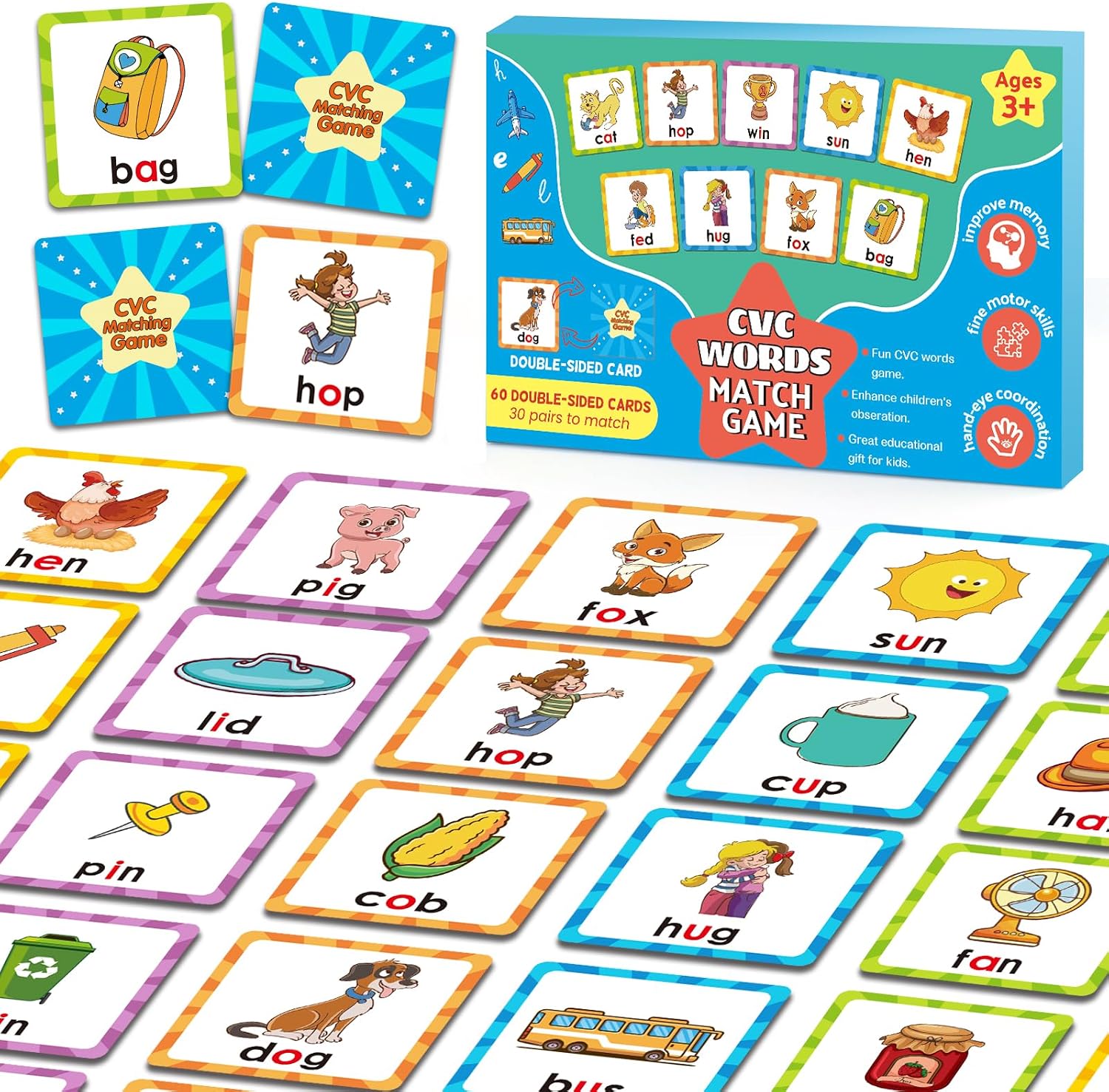 Memory Game, CVC Word Games Kindergarten, Memory Games for Kids Ages 4-8, Matching Games for Toddlers 3-5, Phonics Games Flash Cards 2-4 Years, Memory Card Game Homeschool Learning Educational Toys