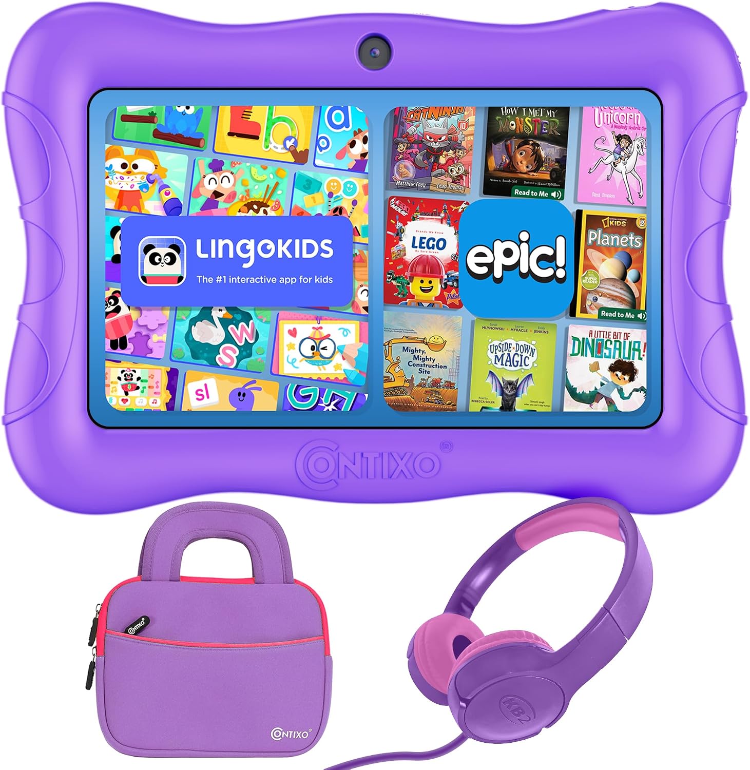 Contixo 7 inch Kids Tablet Bundle – Android Tablets and Kids Wired Headphones, with 14+ Games and Educational Apps, WiFi, 32GB ROM, Learning Tablet for Kids – Purple