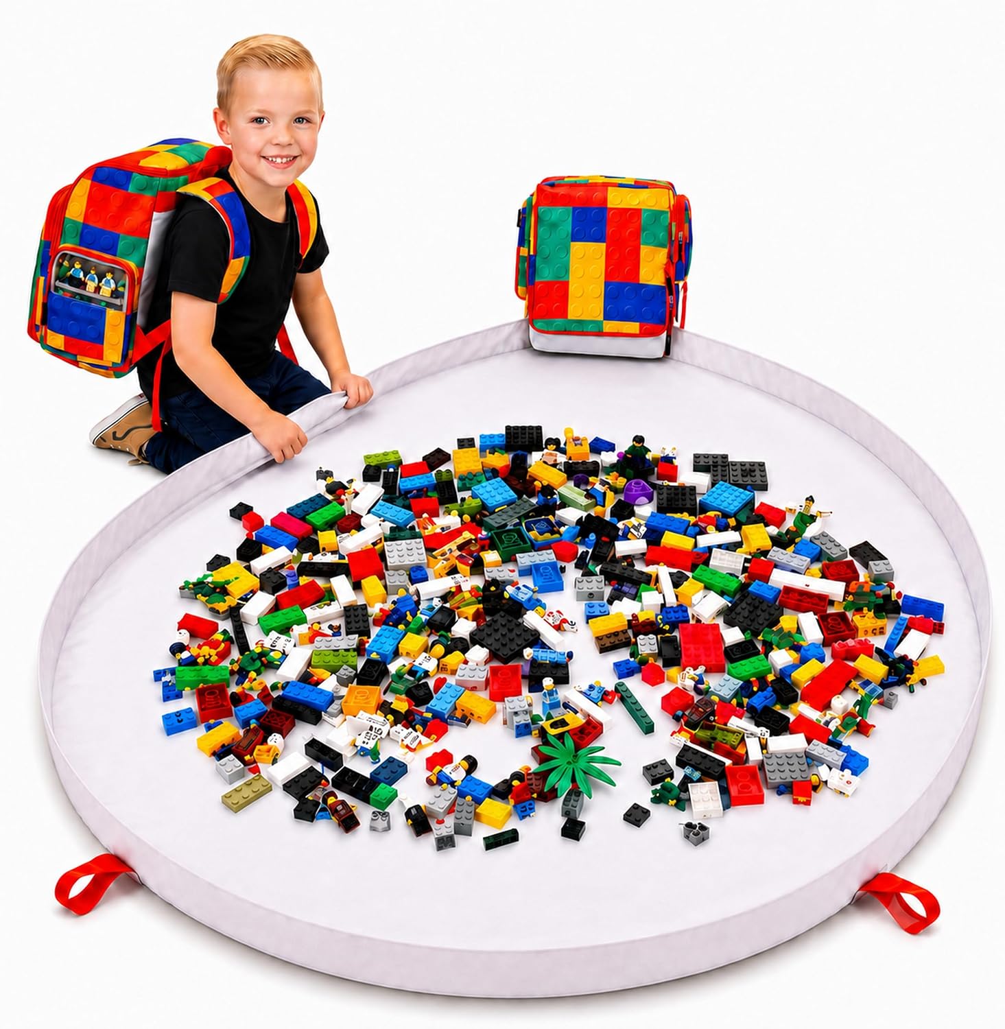 BrickPack Building Brick Storage Backpack with 60 Inch Play Mat, Toy Organizer, Quick Cleanup Chute and Minifigure Display, Compatible with LEGO Bricks