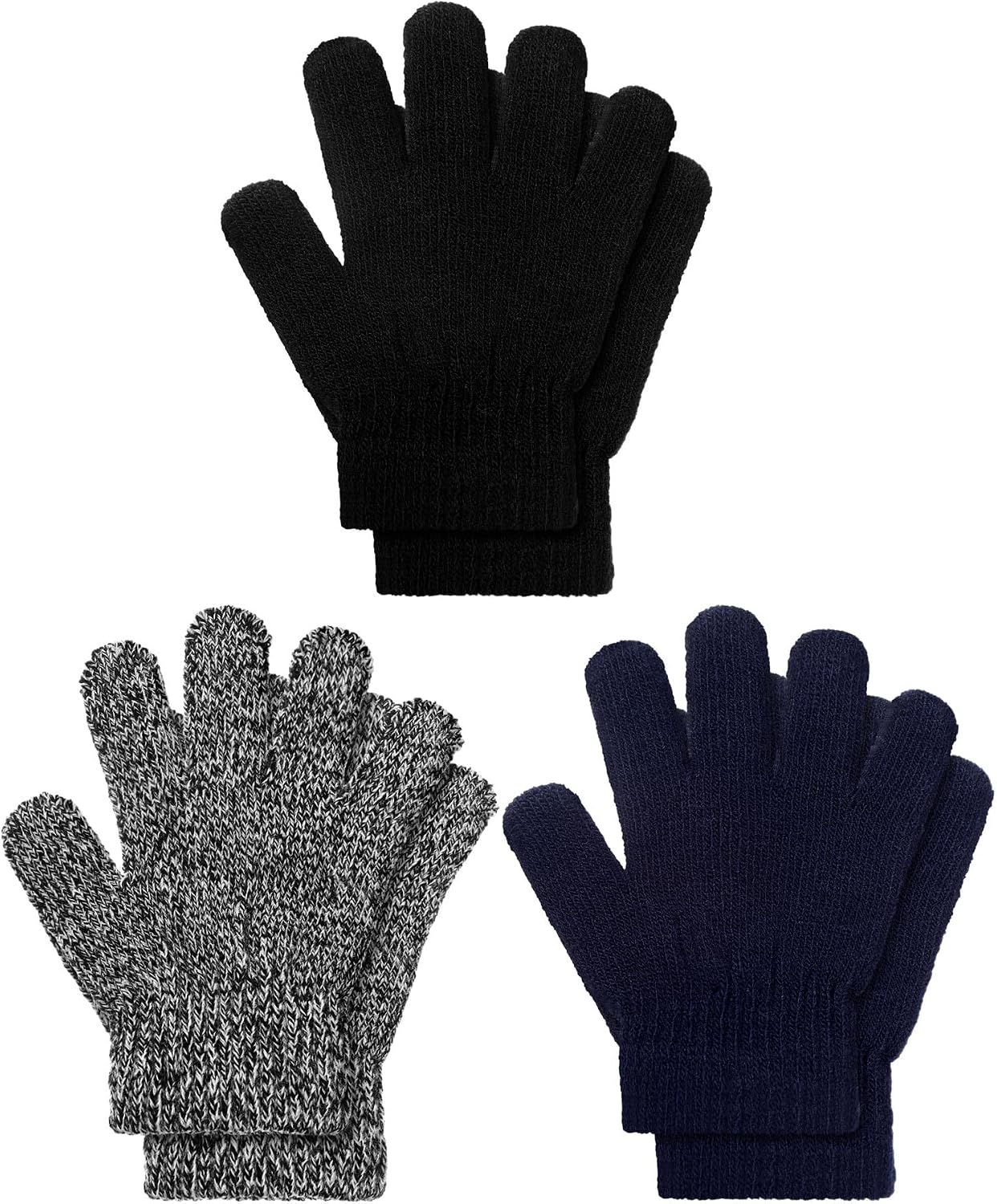EBOOT 3 Pairs Winter Knit Gloves for Kids Stretchy Full Finger Fluffy Mittens for Toddler Boys Girls 1-11 Years