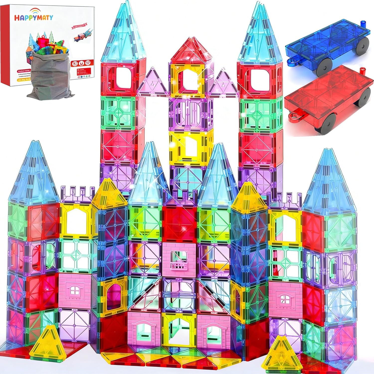 Next-Gen Antibacterial Magnetic Tiles – 106 PCS Magnet Building Tiles with 2 Cars for Kids Aged 3+, Inhibits Bacterial Growth for Safer Play, 3D STEM Educational Construction Blocks Toy