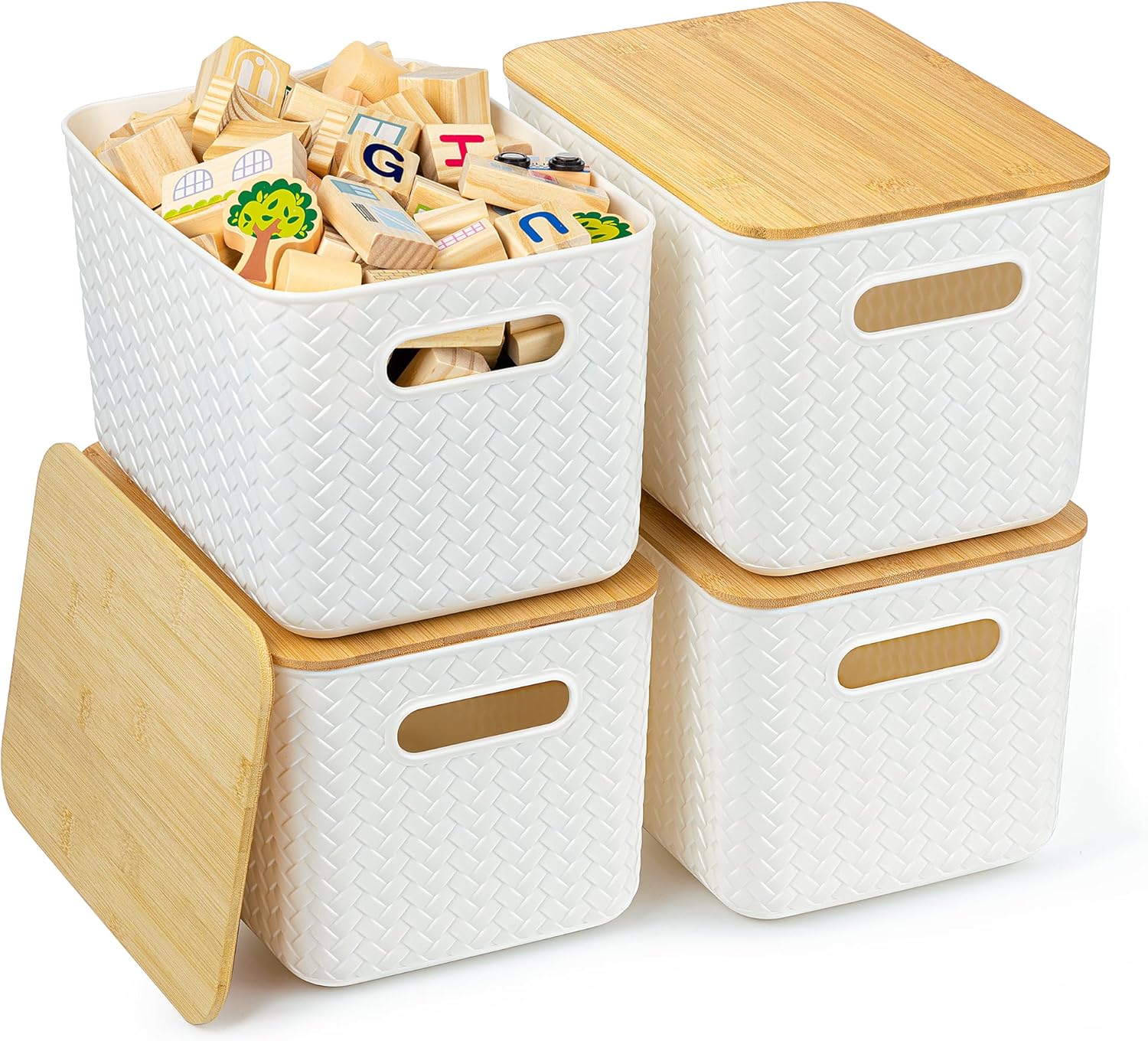 Ohmlove 4 Packs Storage Bins with Bamboo Lids – Plastic Storage Containers with Lids Stackable Storage Box：Storages Baskets for Organizing Desktop Closet Playroom Classroom Office,White