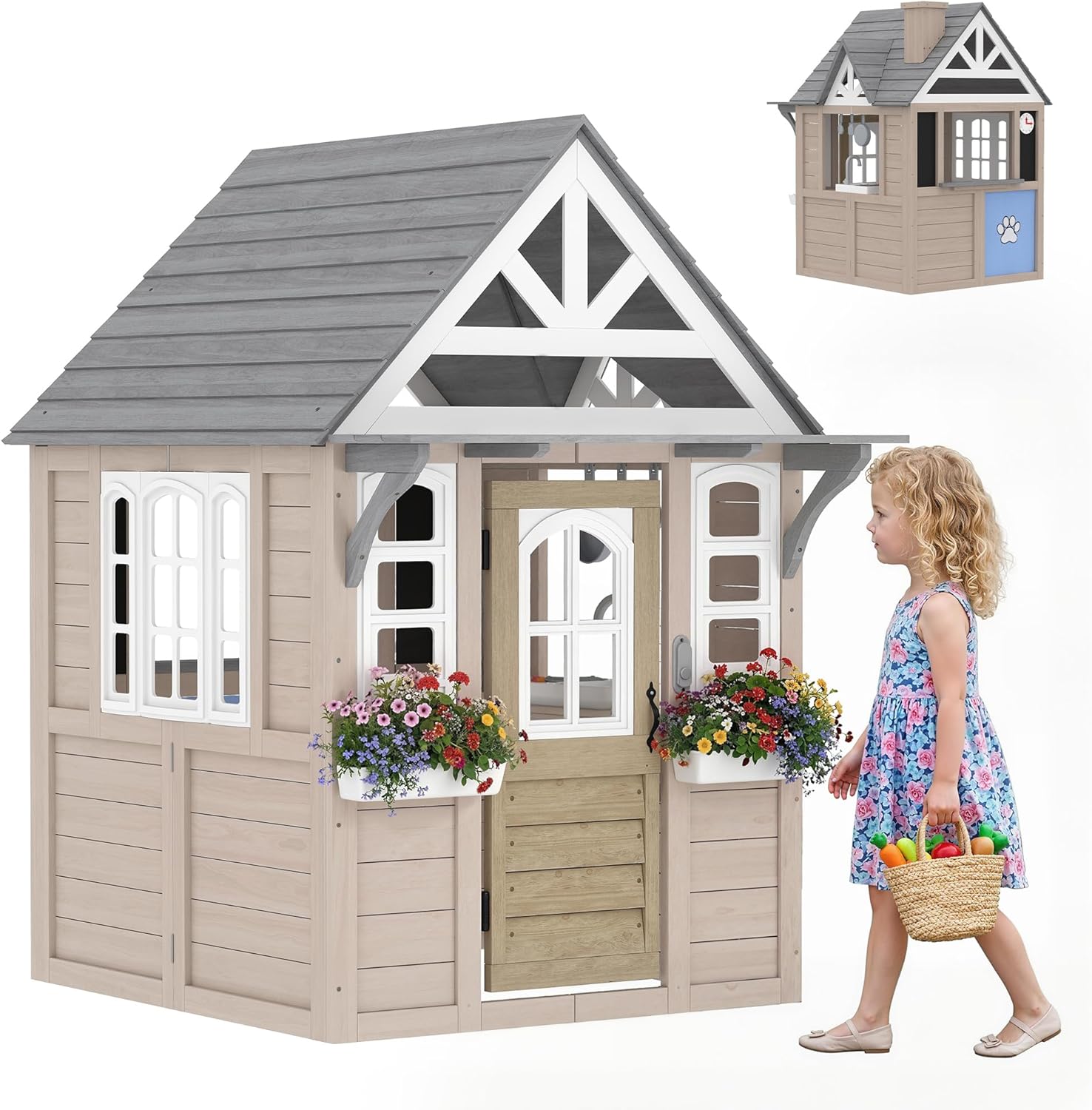 Qaba Kids Outdoor Playhouse, Wooden Kids Cottage with Dog Door, Cookware, Planter Box, Bell, Blackboard, Clock for Backyard Garden, Indoor Playroom Imaginative Play for Ages 2+, Gray