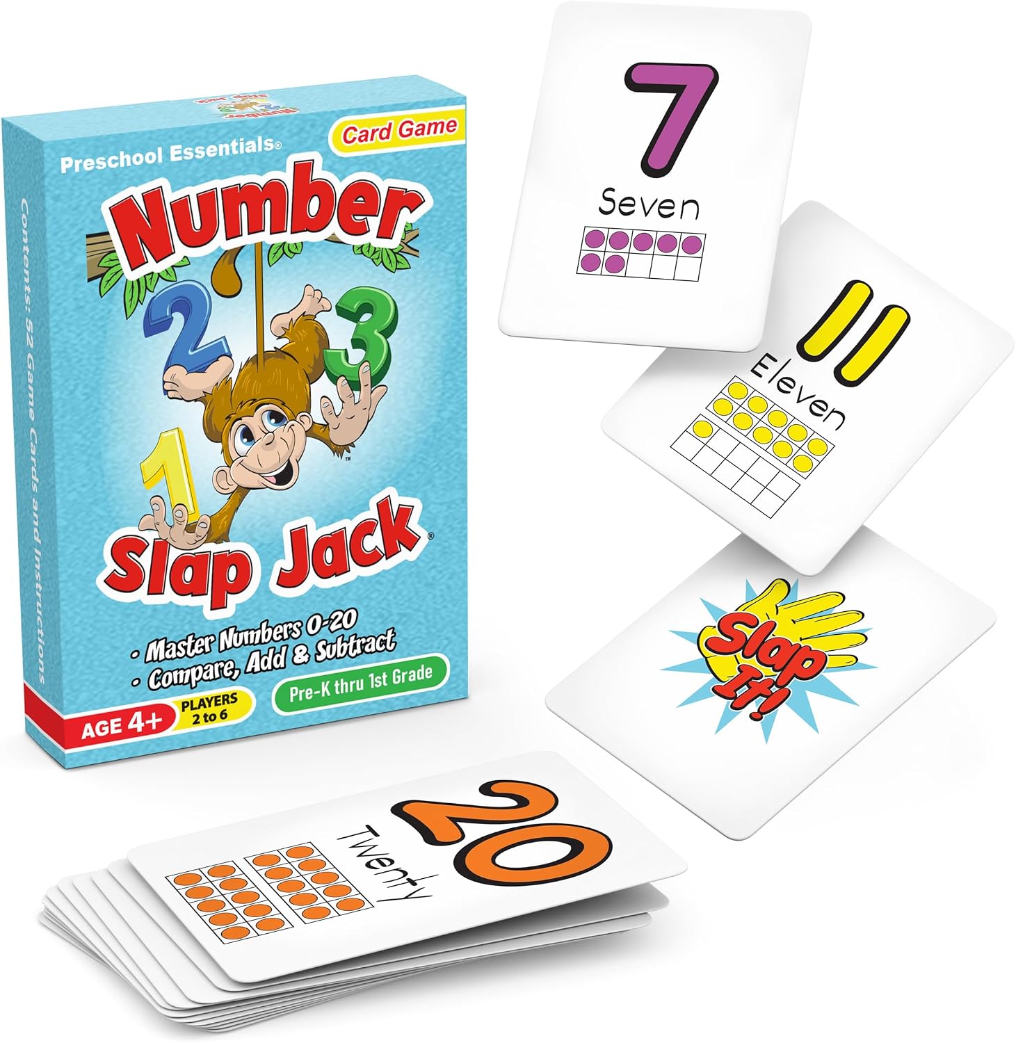 Number Slap Jack a Math Card Game for Kids Ages 4 and Up | The Easy Way to Learn Numbers 0-20 | 4 Fun Ways to Play | Featuring Ten Frames and Operator Cards ,+,-,= | PreK – 1st Grade