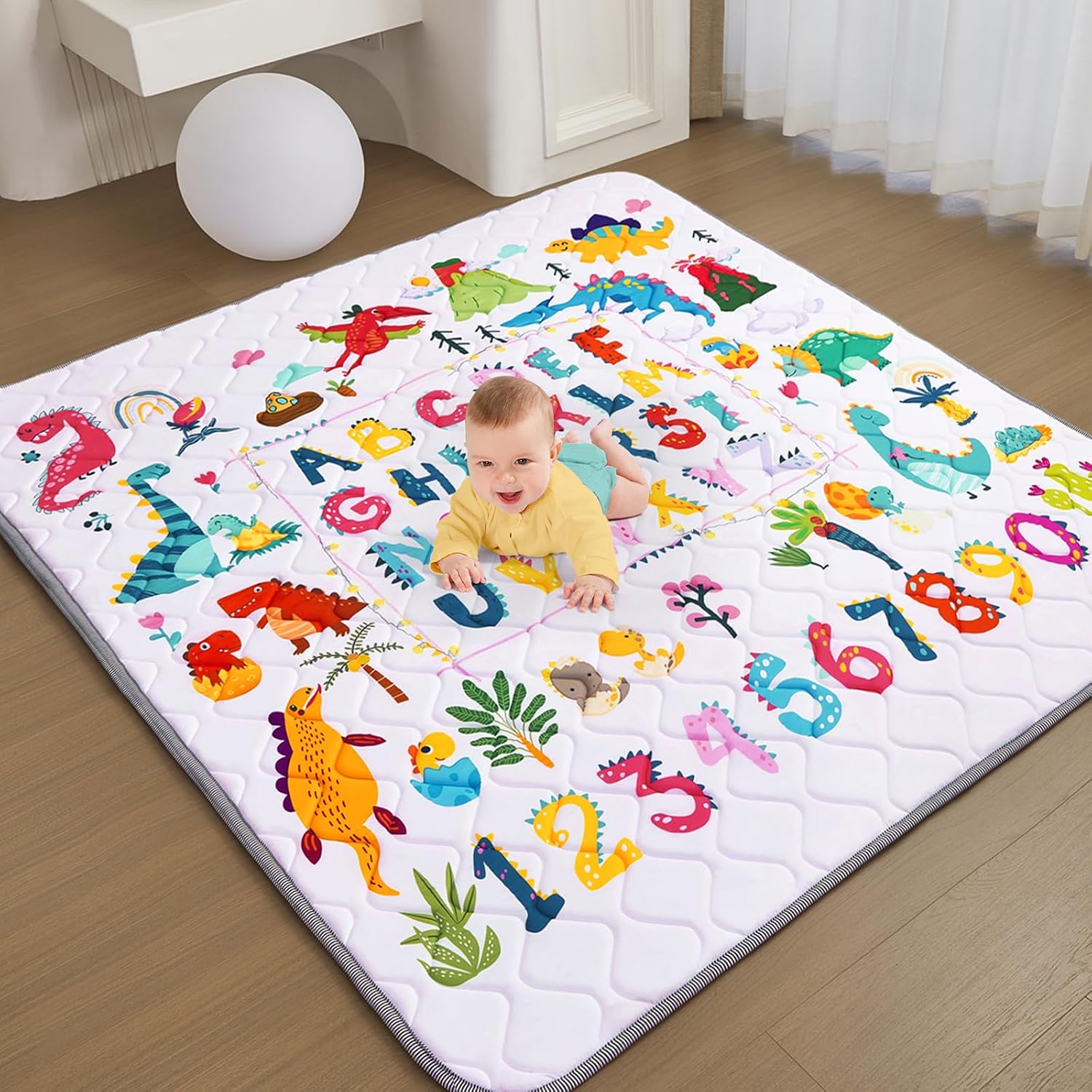 Baby Play Mat – Thicken 50×50 Inch Soft Foam Crawling Mat for Playpen & Floor, Non-Slip Waterproof Playmats for Infants & Toddlers, Portable Foldable & Machine Washable, Dinosaur & Letters