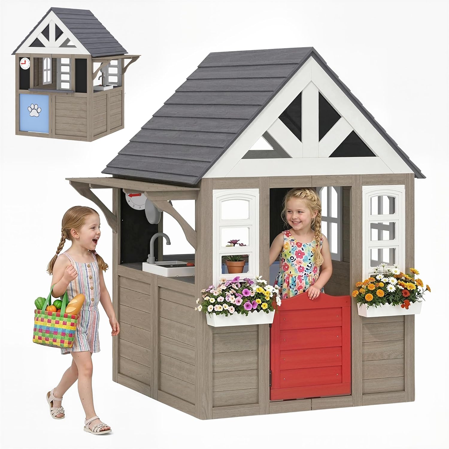 Qaba Outdoor Wooden Playhouse with Dog Door, Kids Cottage with Flower Box, Cookware and Window for Backyard Garden, Indoor Playroom Imaginative Play for Ages 2+, Gray