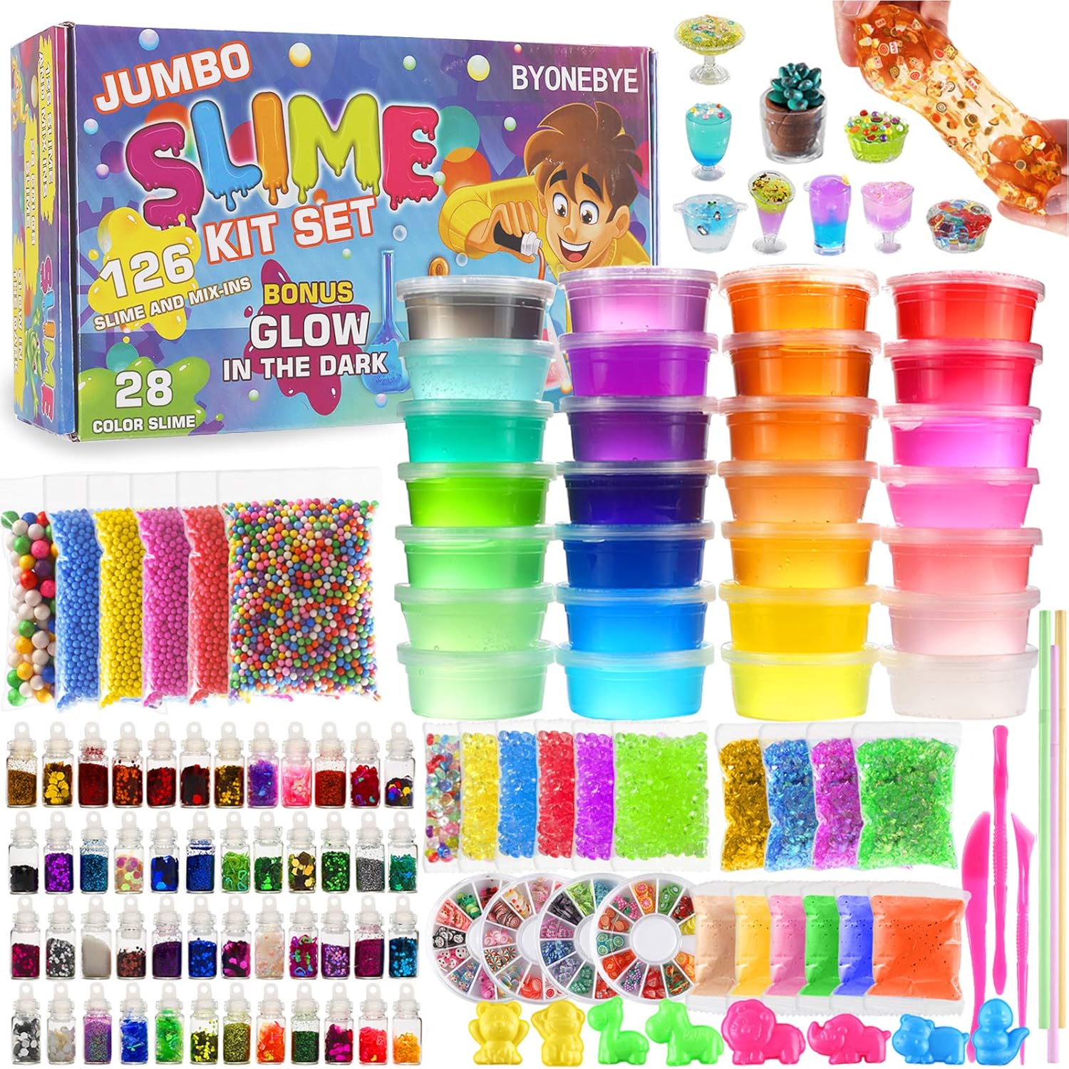 126 Pcs DIY Slime Making Kit for Girls Boys – Birthday Idea for Kids Age 5+. Ultimate Supplies Include 28 Crystal Slime, 2 Glow in The Dark Powder, 48 Bottle Glitter Jar etc.