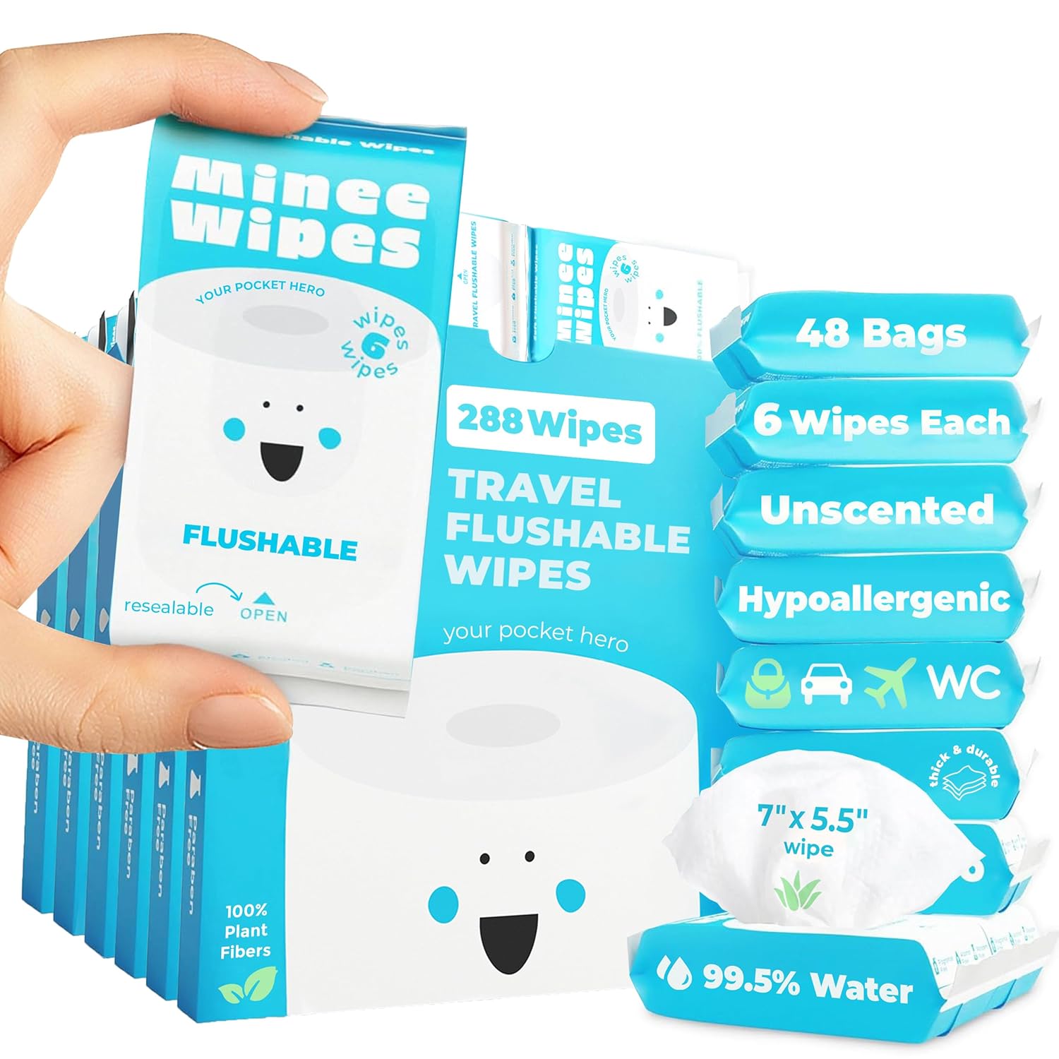 Impossibly Compact Travel Flushable Wipes – 99.5% Water and Aloe – Safe for Sensitive Skin & Hypoallergenic – Travel Essentials for Adults & Kids, Unscented, 48 Pack 288 Wipes