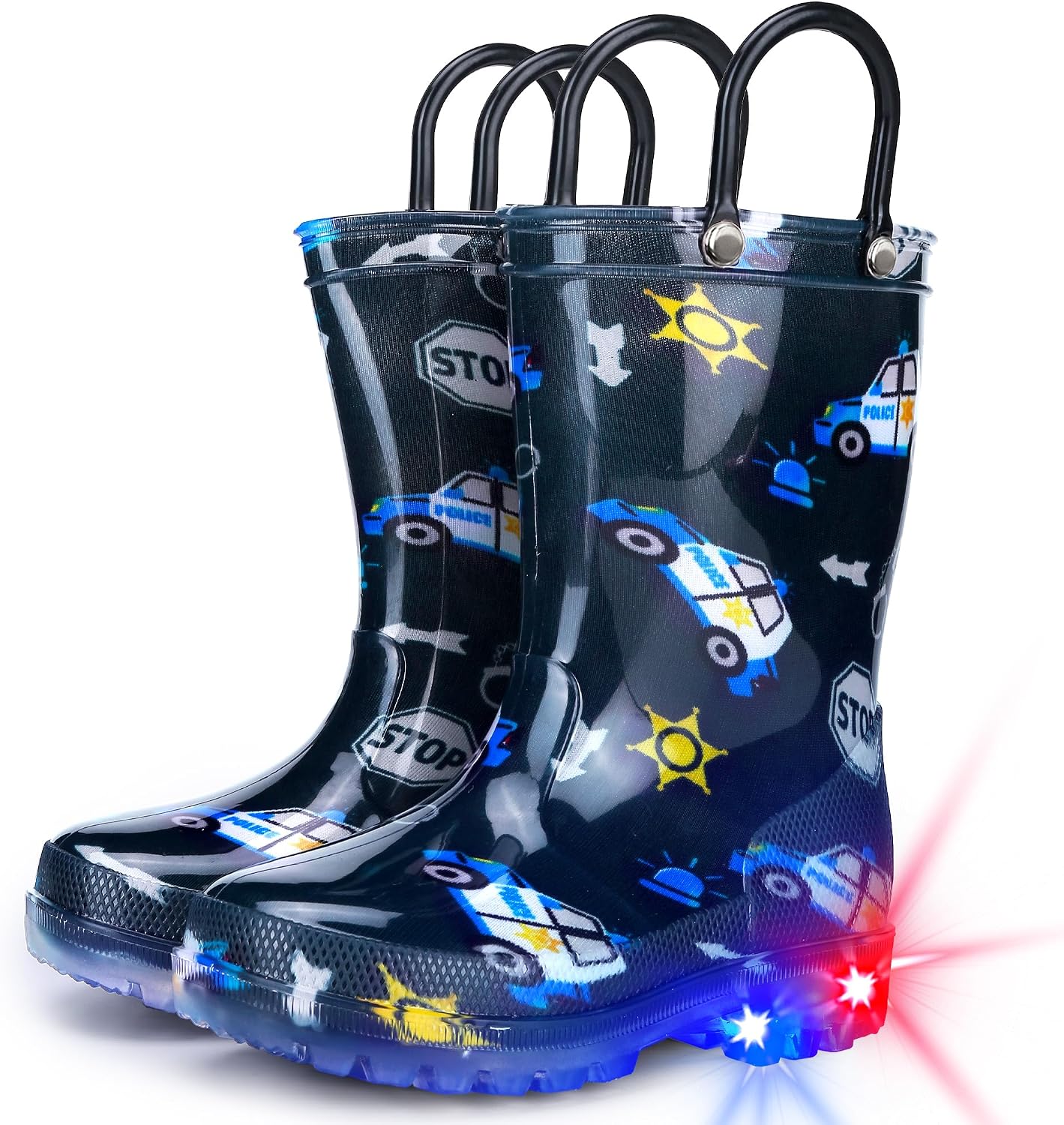 Funspread Toddler Rain Boots Boys Rain Boots – Patterns Light Up Kids Rain Boots with Easy-On Handles Lightwight Waterproof Rain Shoes (Toddler/Little/Big kids)