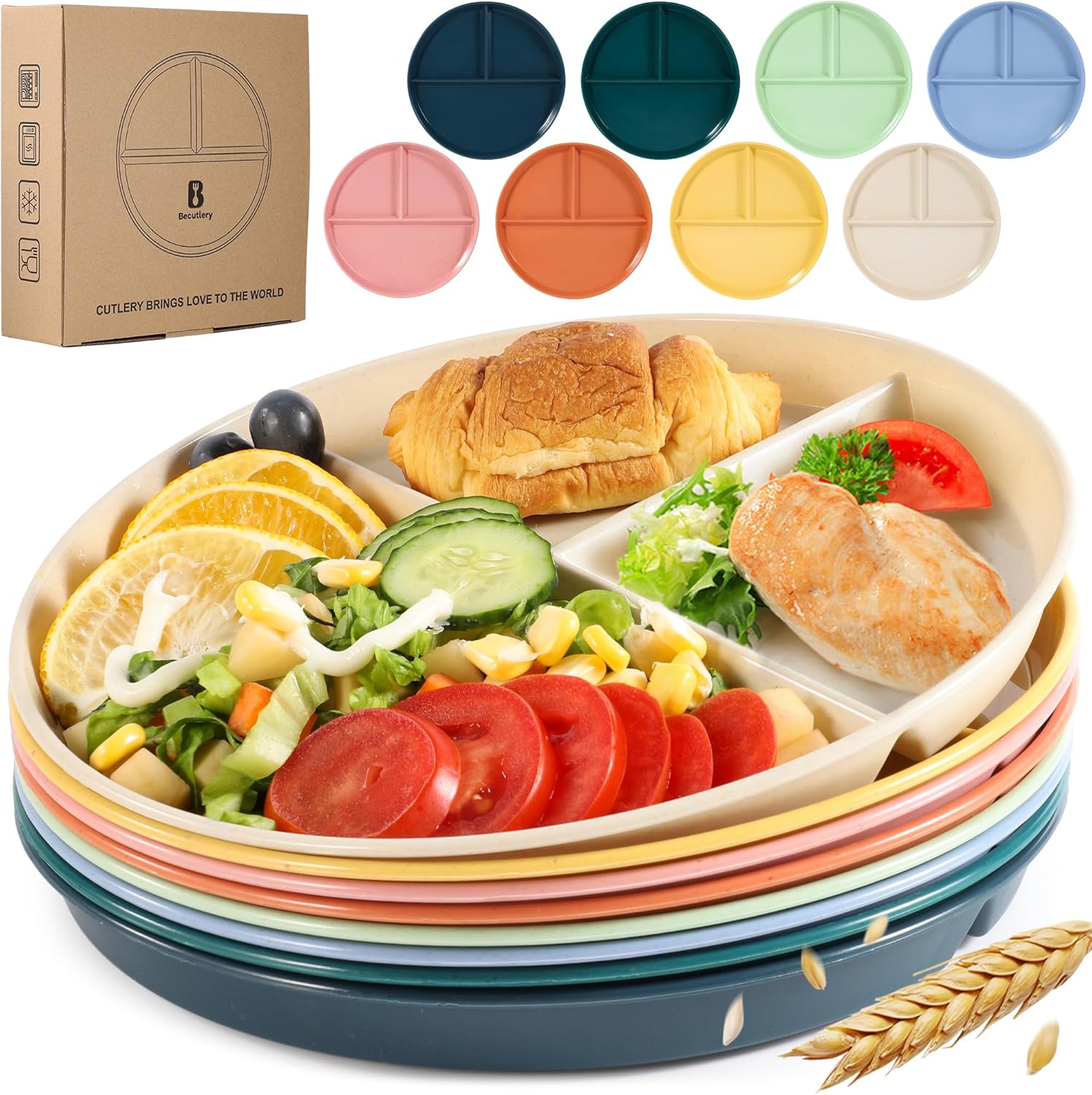 9″ Unbreakable Divided Plates (8 PCS). Microwave & Dishwasher Safe! For kids & adults. Wheat straw, BPA – free. Portion control for health/weight loss. 3 -compartment, durable & smooth.