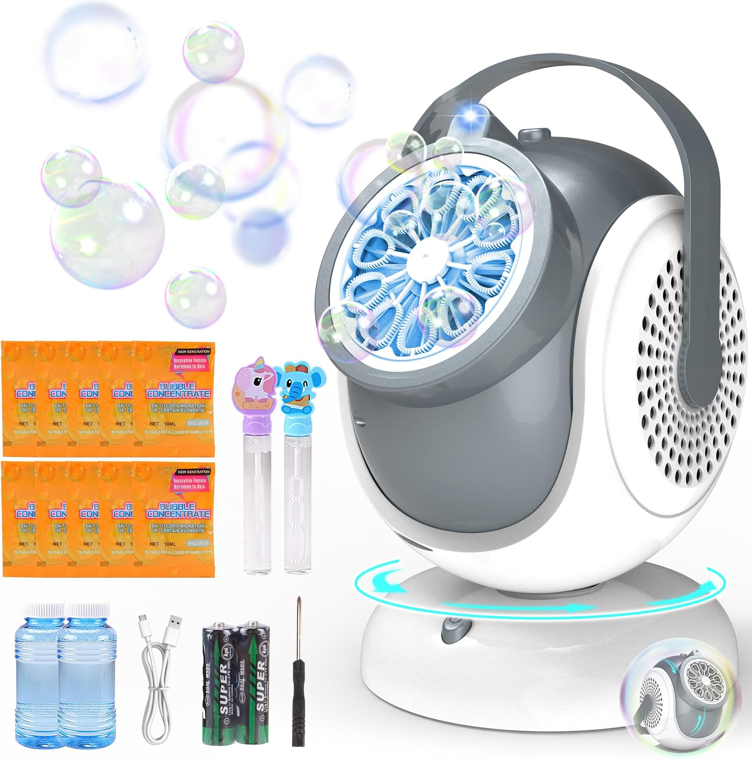 Big Bubble Machine – Automatic Bubbles Blower for Kids, Toddlers – 360° Oscillation & 75° Adjustment, Bubble Toys with LED Light – Gifts for Boys, Girls, Easter, Outdoor, Birthday, Party Use