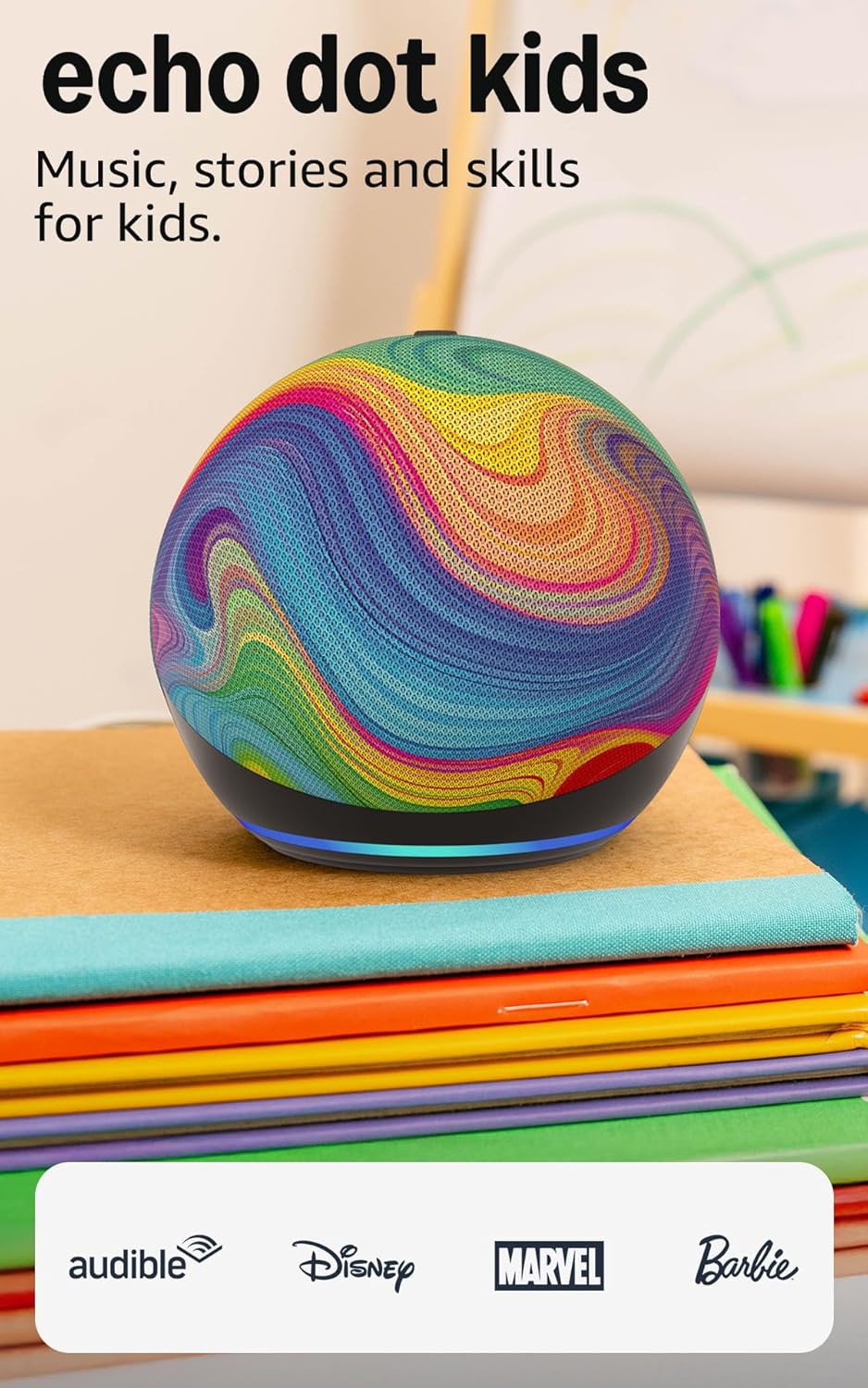 Amazon Echo Dot Kids (newest model), Smart speaker to enjoy age-appropriate audiobooks, interactive games and Alexa+ experiences to create and learn, Rainbow Swirl design