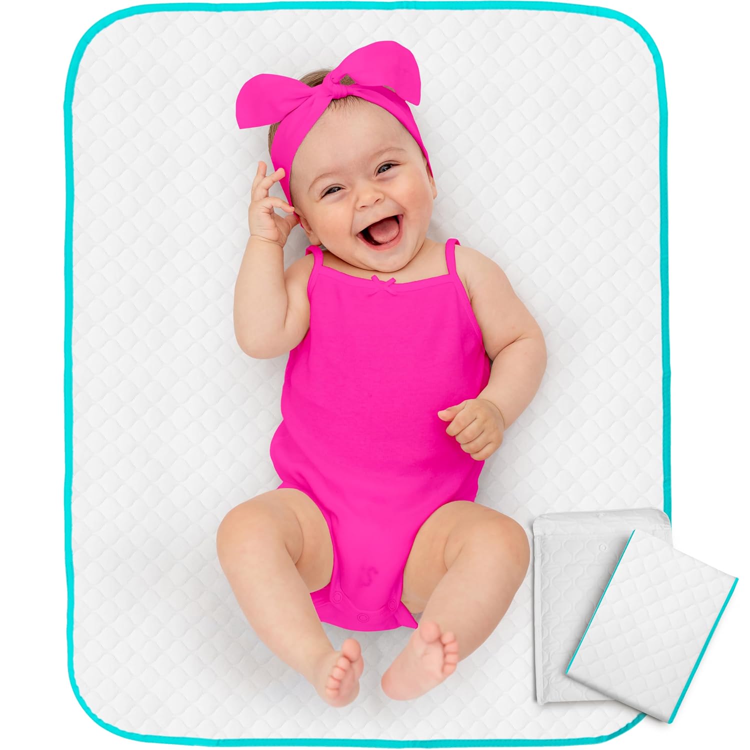 Baby Diaper Changing Mat – 31,5 x 25,5 inch Waterproof Portable Travel Changing Pad – Wipable Liners for Newborn Todlers Kids – Foldable Large Baby Nappy Changer Mat White w/Turquoise Changing mat