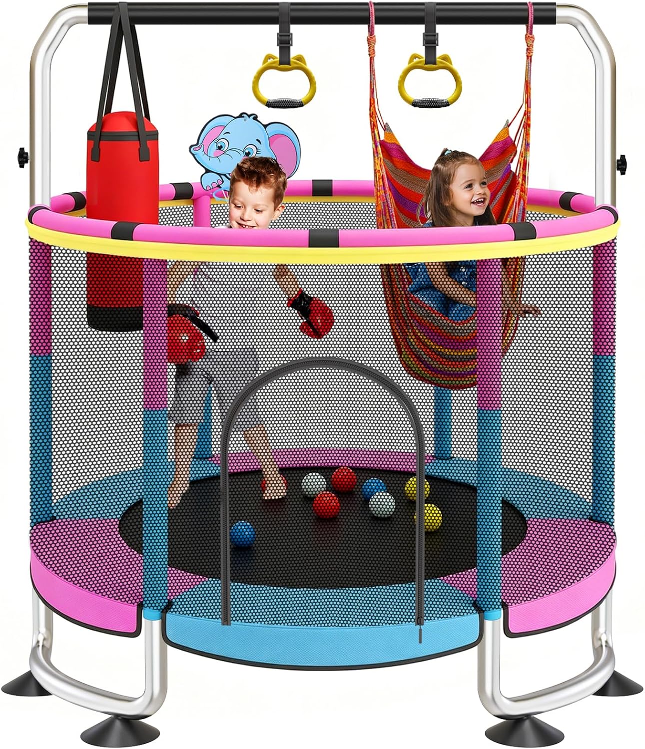 Yozoia 60″ Toddler Trampoline, Indoor Trampoline for Kids with Safety Enclosure, 440LBS Support, Adjustable Gymnastics Bar & Toys for Boys Girls