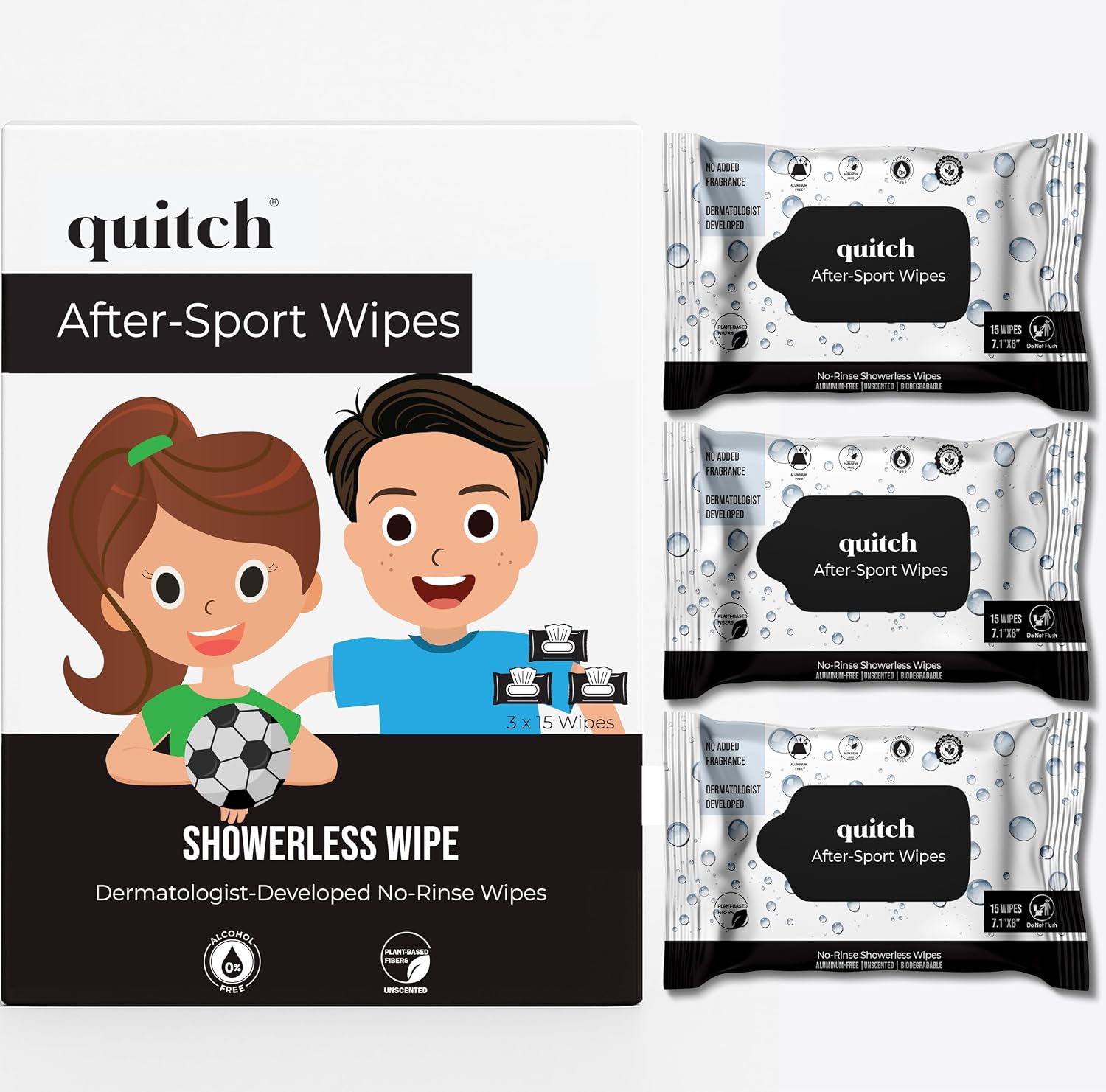 Quitch After-Sport Wipe Unscented Shower Body Wipe for Kids & Baby, Plastic-Free, Plant-based, Aluminum-Free Natural Deodorant, Sensitive Skin Towelettes, No Rinse, Travel-Friendly Camping Essential