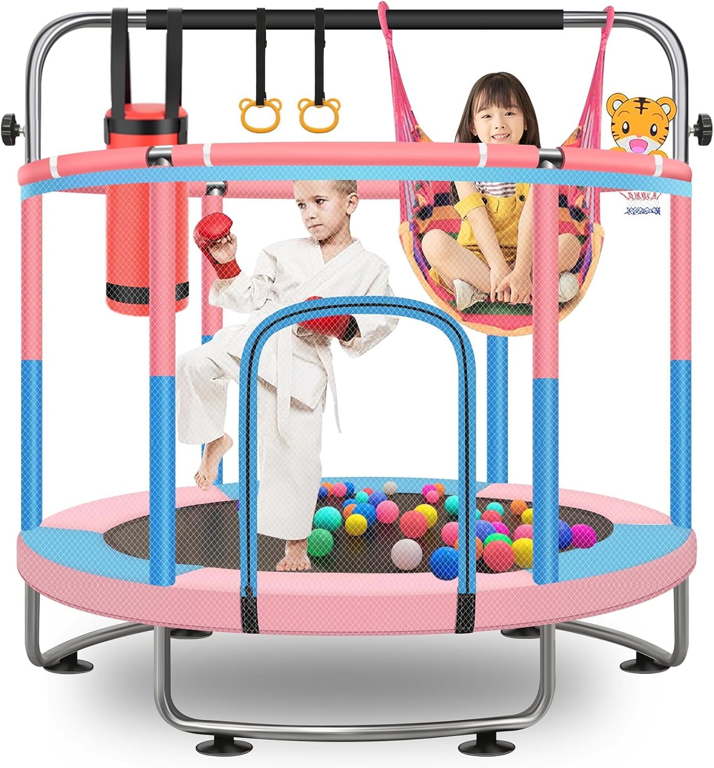 60″ Toddler Trampoline for Kids, 5FT Adjustable Trampoline Indoor Outdoor with Enclosur Net, Mini Trampoline for Kids 3-10, 880lbs Capacity, Adjustable Gymnastics Bar, Basketball Hoop, Swing