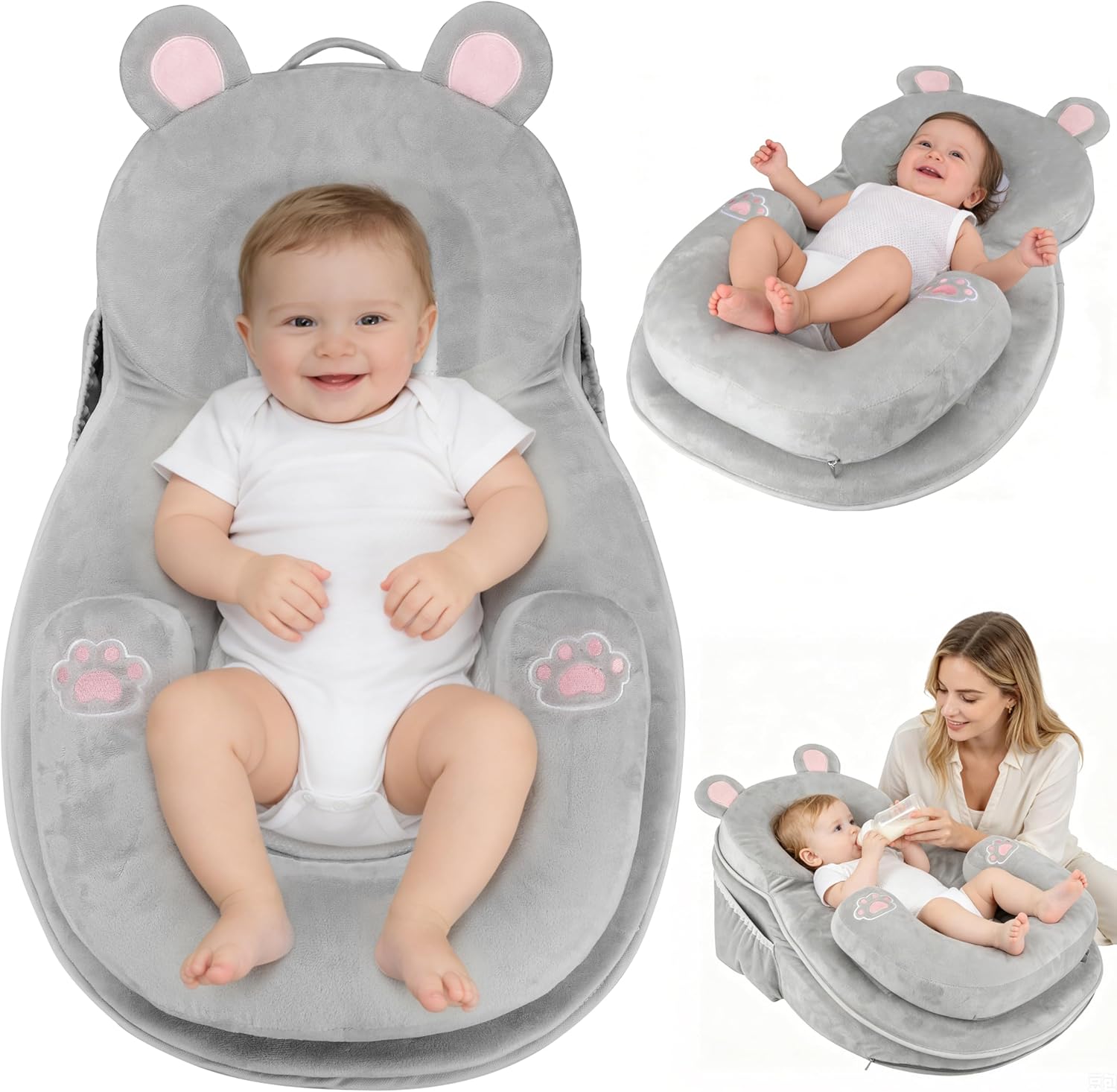 WARMHONIU Baby Feeding Pillow, Anti-Reflux Breastfeeding Infant Lounger & Tummy Time Pillow for Reducing Spit-Up, 25.2″ L x 17.7″ W, Detachable Cover with Handle & Storage Bag
